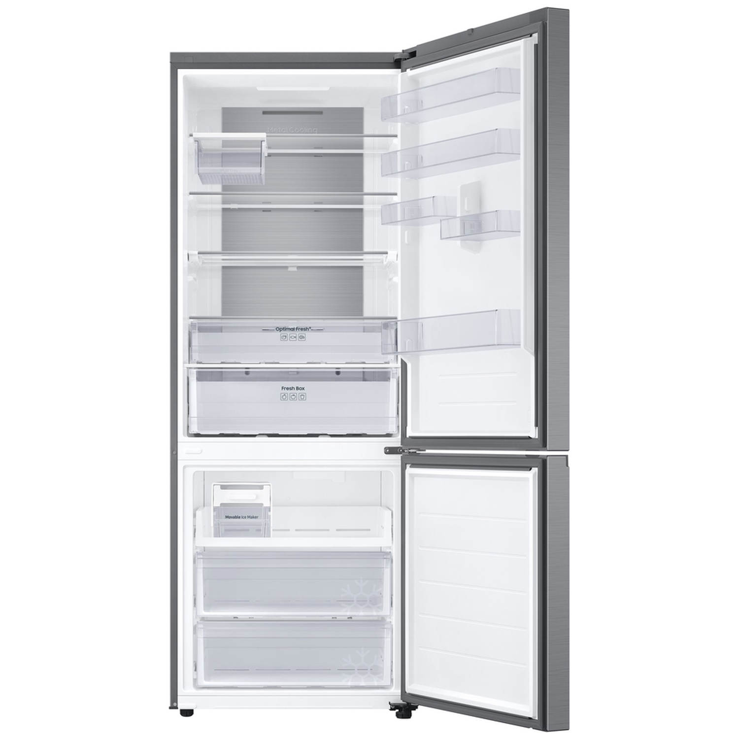 Gray refrigerator with open doors, showing bright shelves, compartments, and drawers inside.