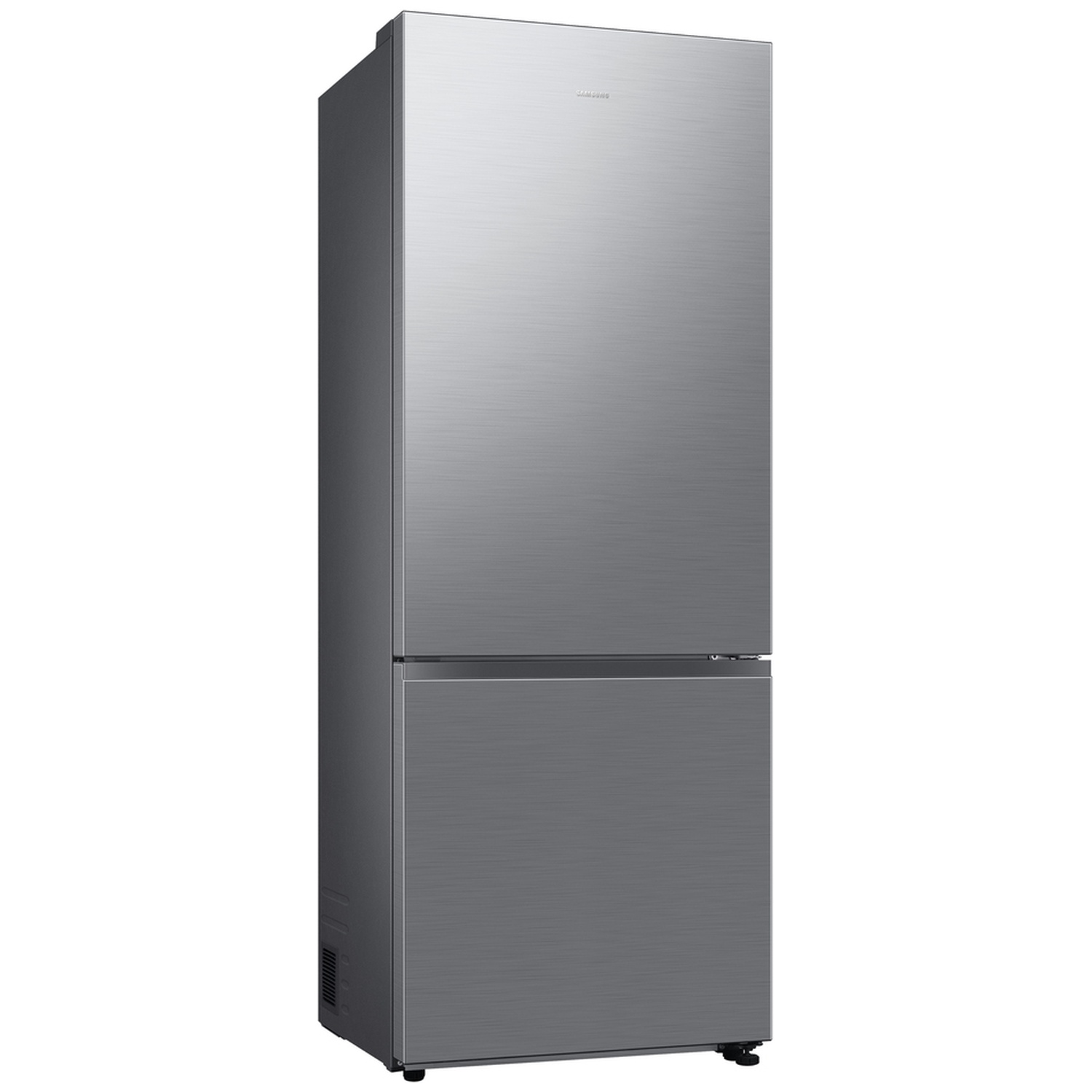 A silver Samsung bottom-freezer refrigerator against a white background.