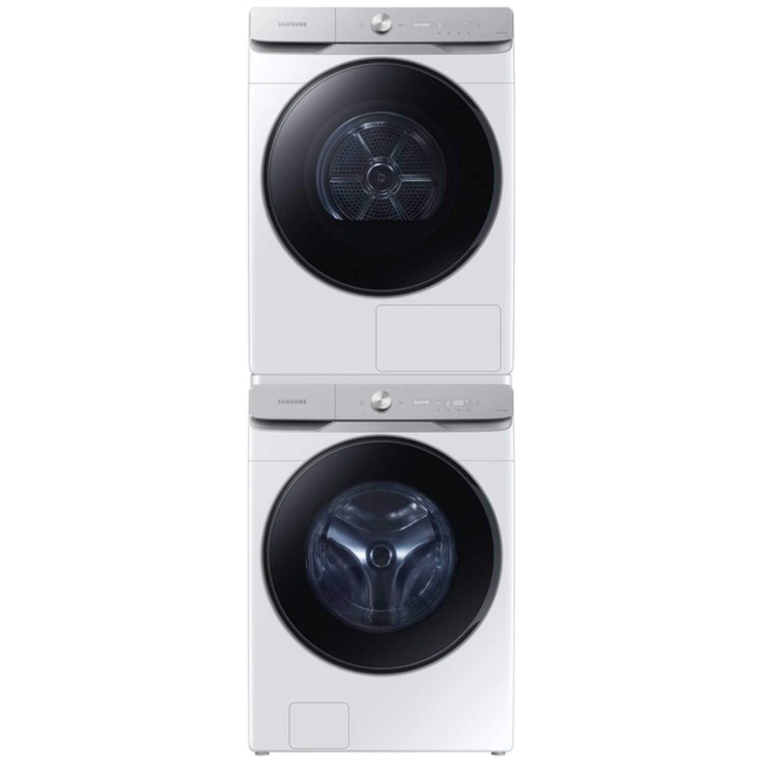 Een witte Samsung waszuil met een droger boven en een wasmachine beneden tegen een witte achtergrond.