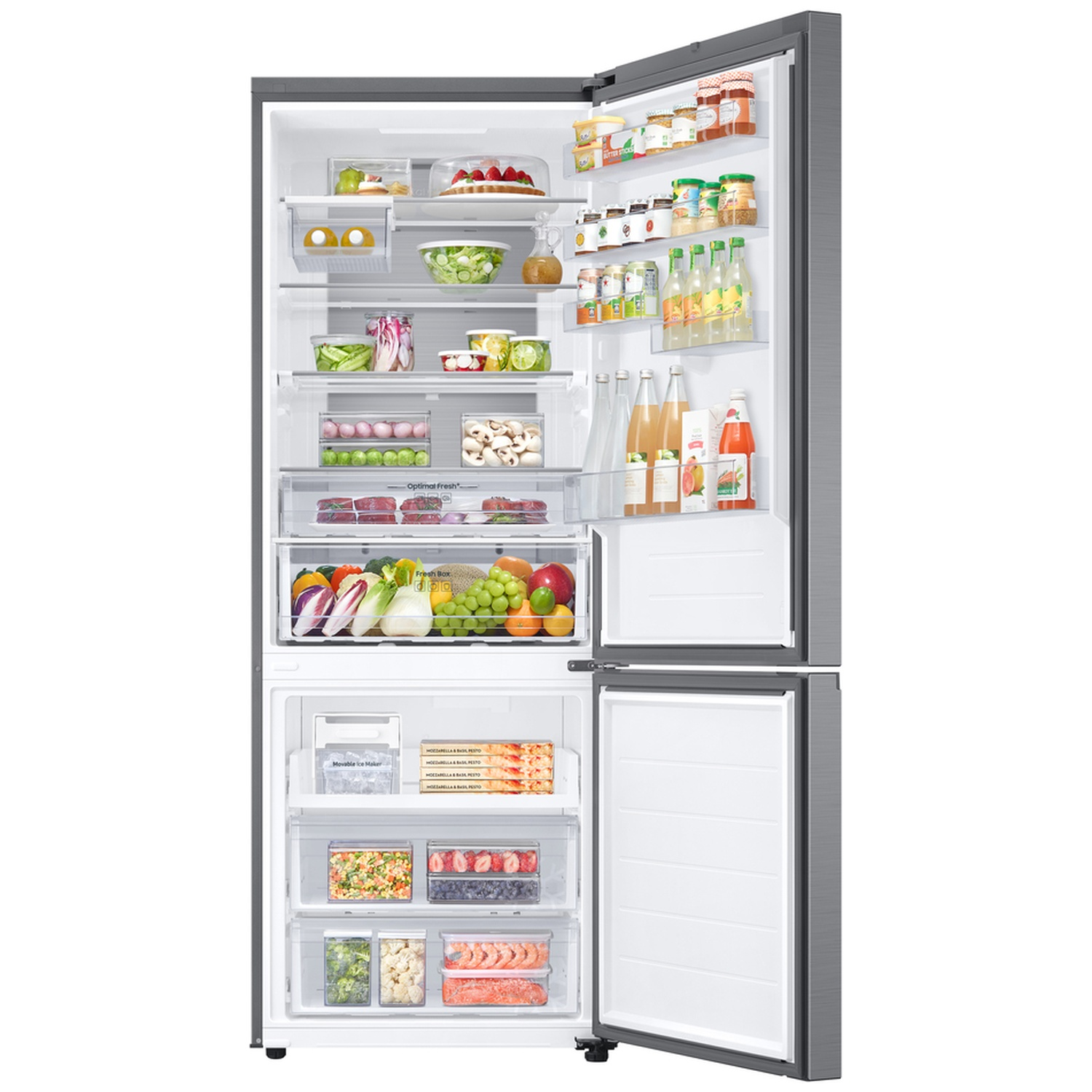An open grey refrigerator filled with various vegetables, fruits, bottles, and food items in shelves and drawers.