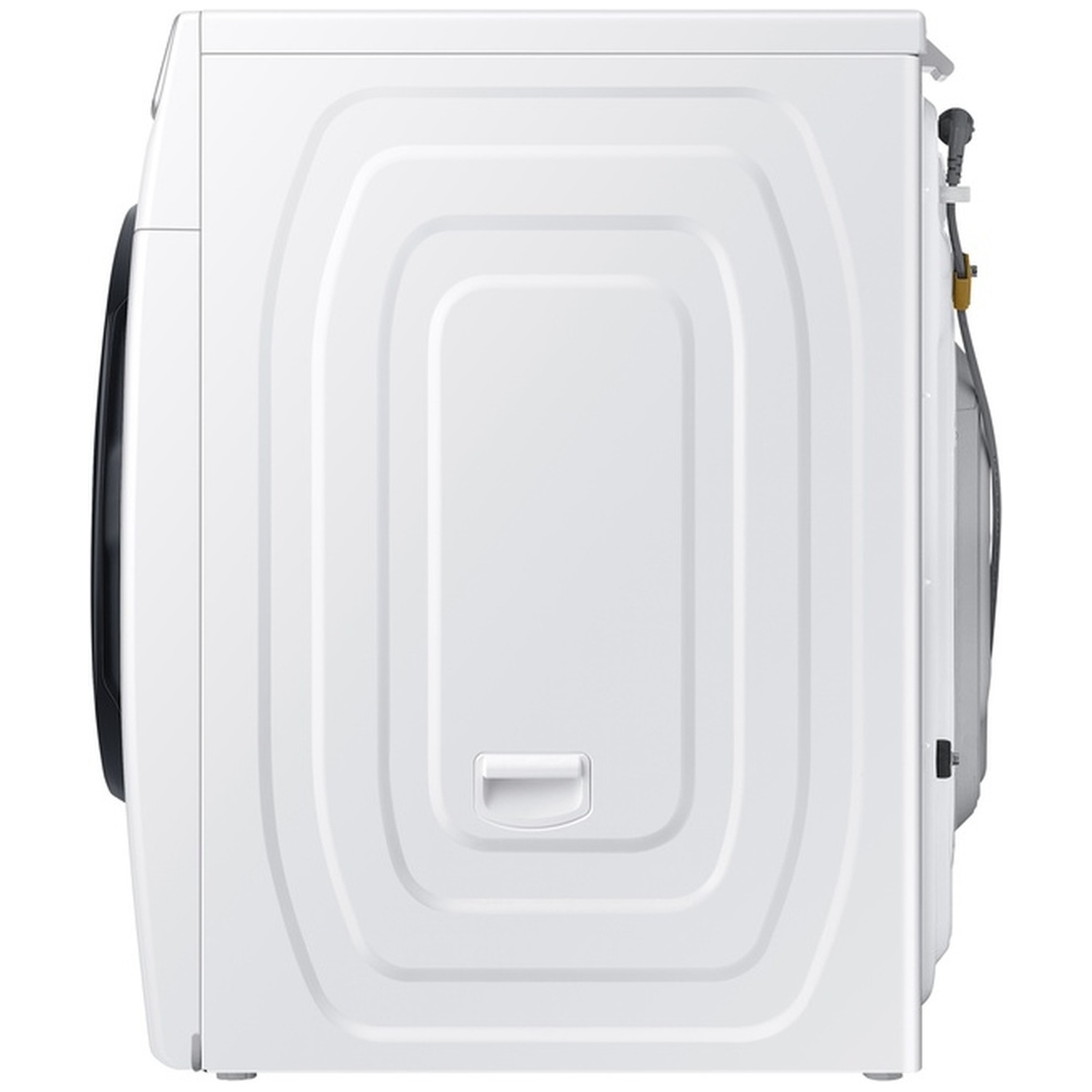 Zijaanzicht van een witte wasmachine met reliëfpaneel en stroomsnoer.