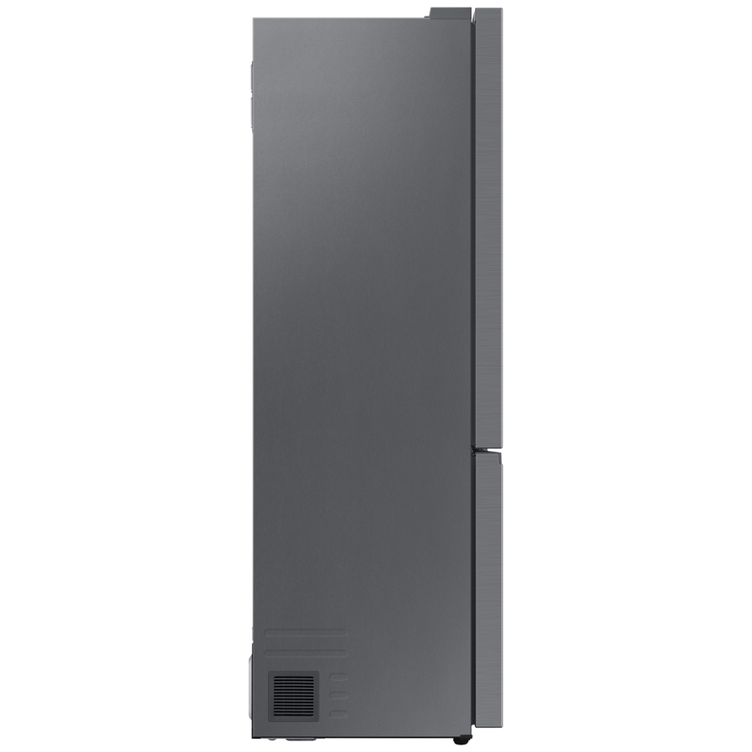 Side view of a modern dark gray refrigerator against a white background.