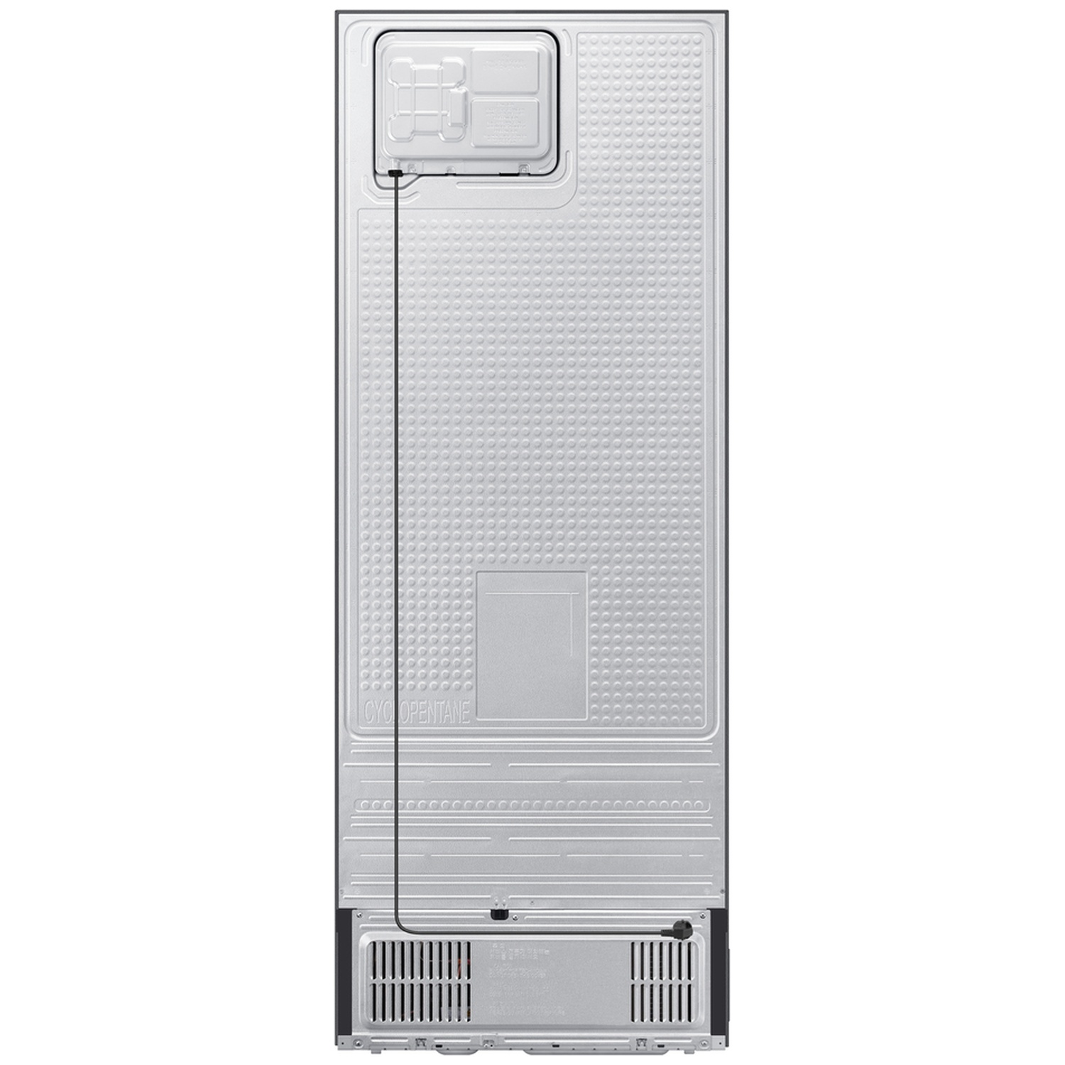 The silver back of a refrigerator featuring a black power cord running vertically from top to bottom.