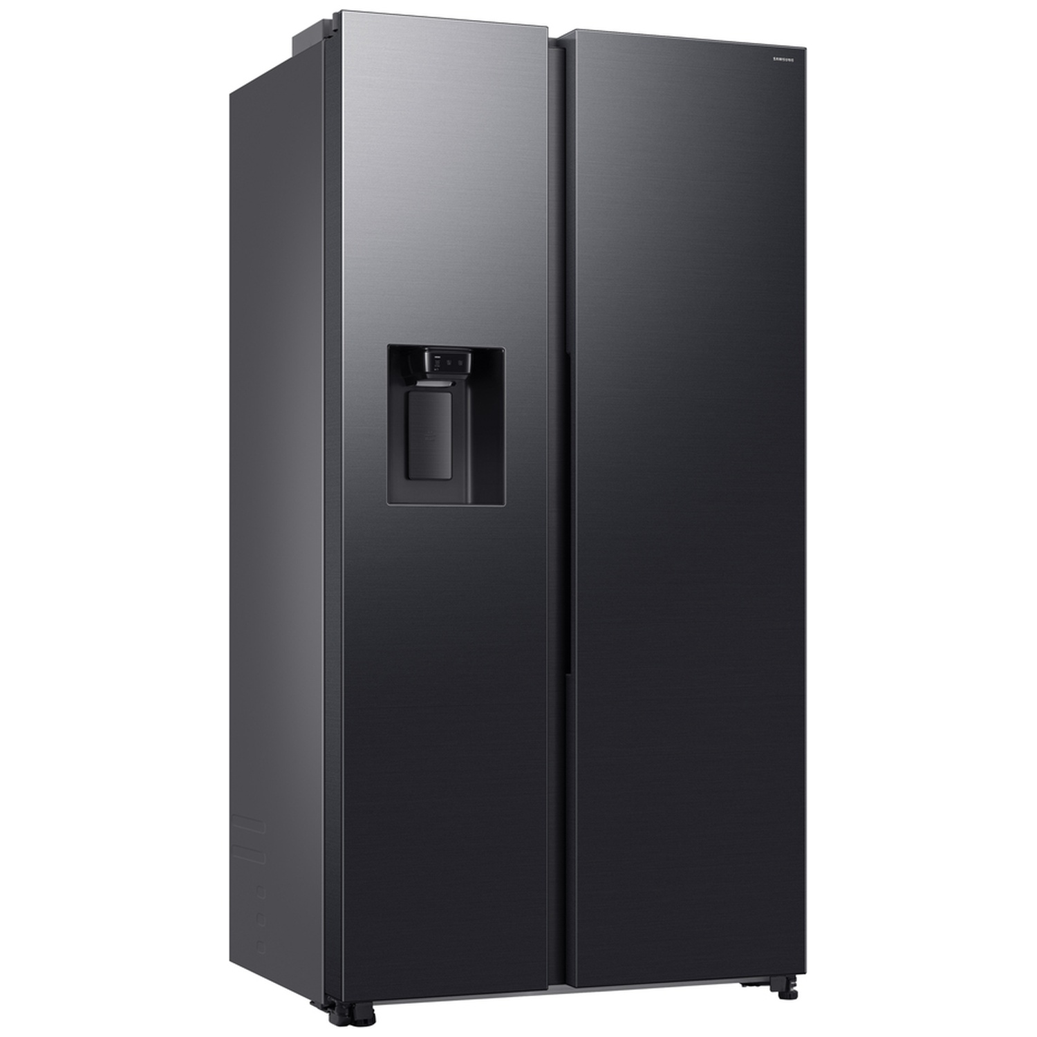 Een grote, moderne matzwarte roestvrijstalen Amerikaanse koelkast met een geïntegreerde waterdispenser.