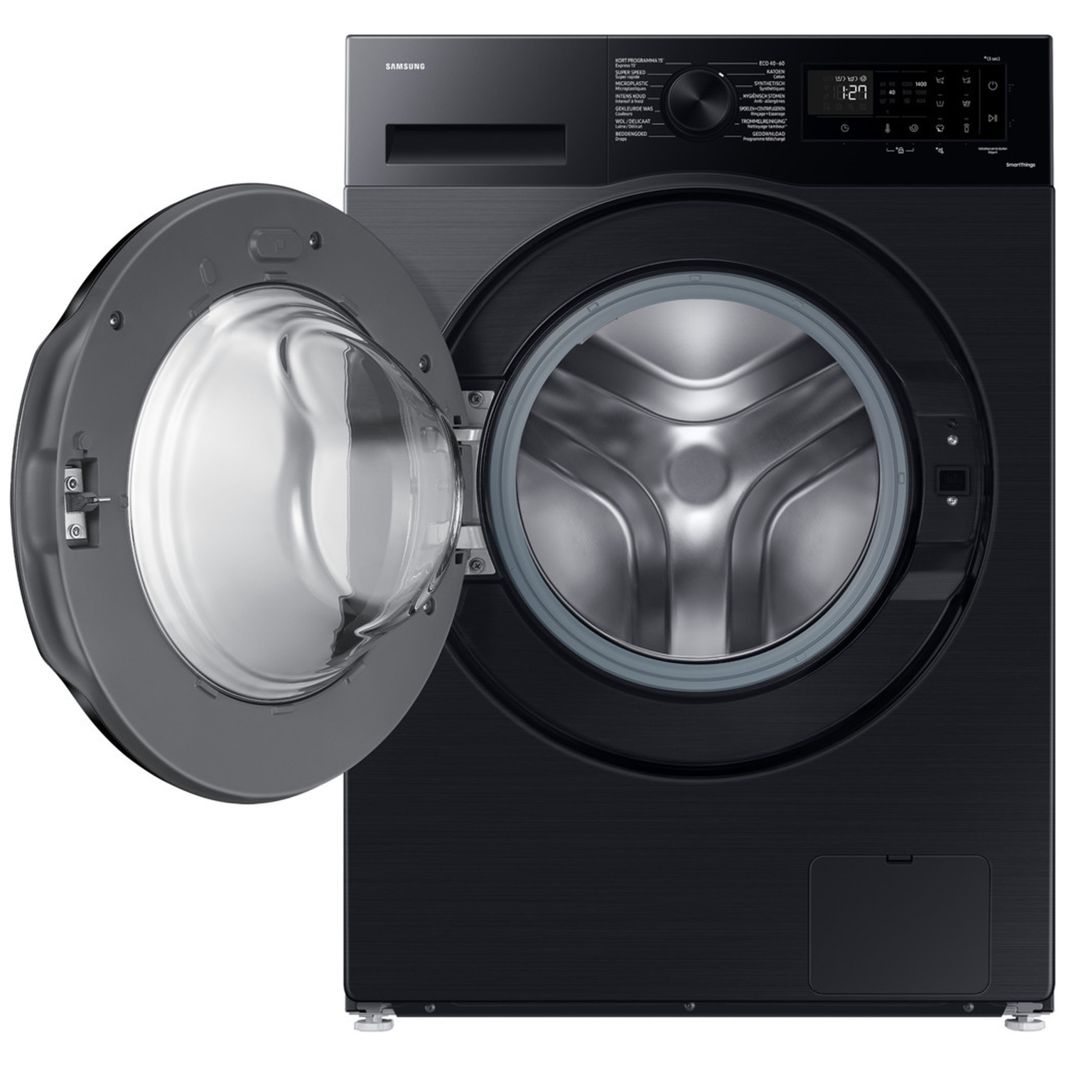 A black Samsung washing machine with its glass door open, revealing the stainless steel drum.