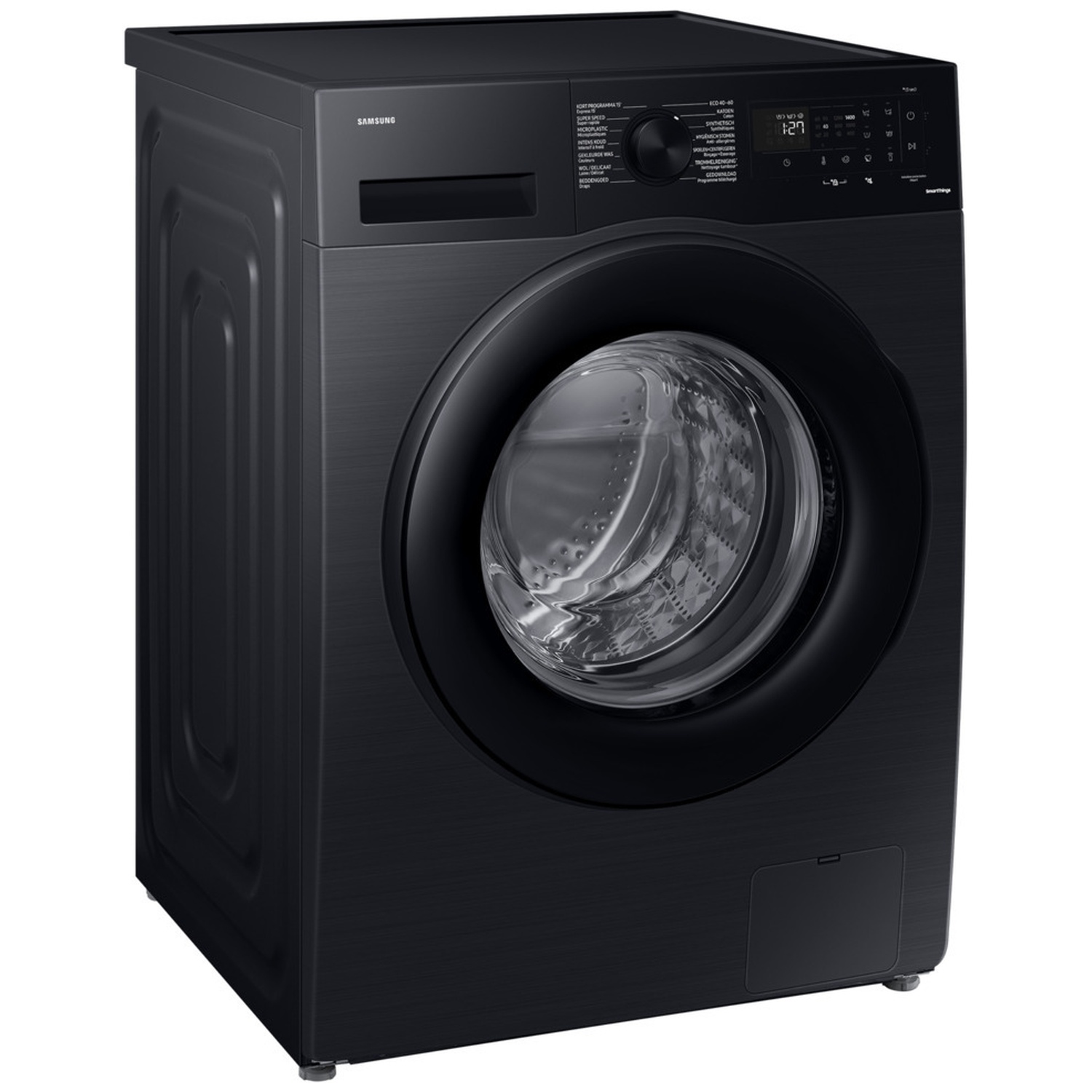 Modern black Samsung front-load washing machine with a digital display against a white background.