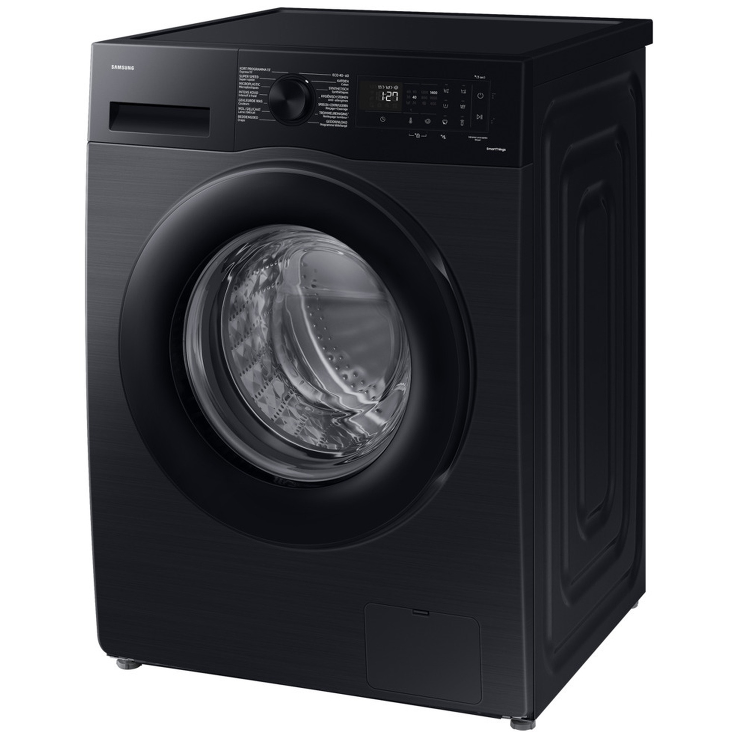 Modern black Samsung washing machine with digital display, rotary knob, and large glossy porthole.