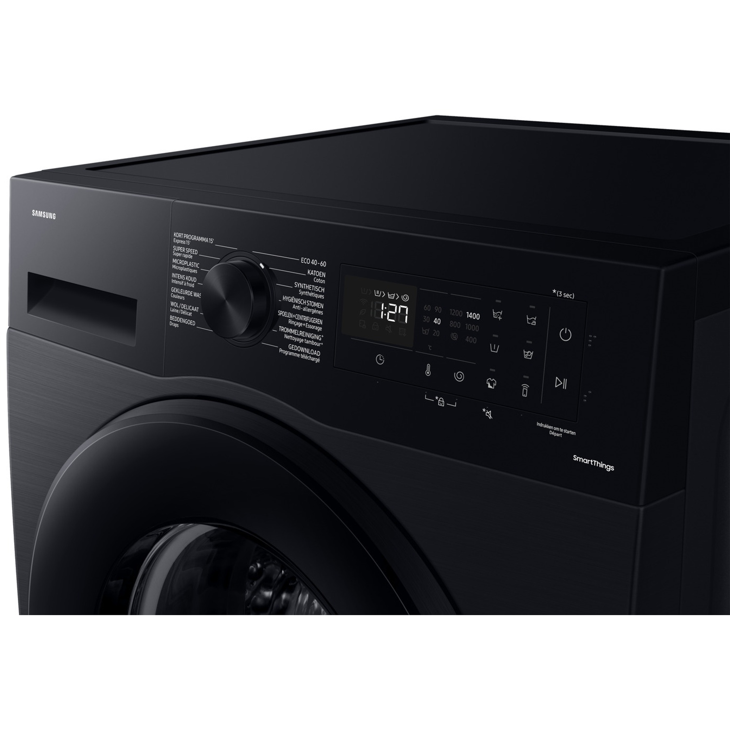 Black Samsung washing machine with rotary dial, digital display, and touch control panel on the front.