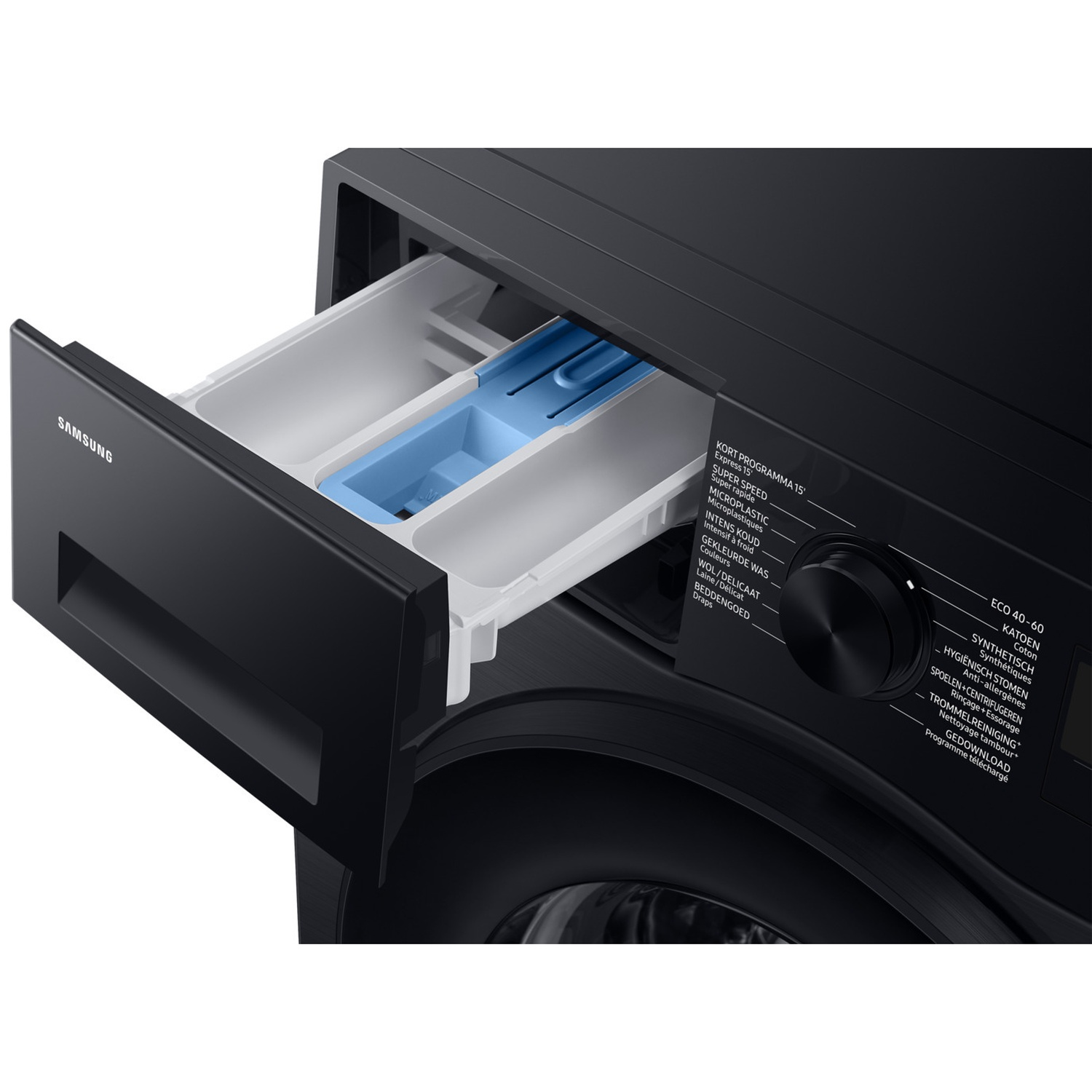 A black washing machine with an open detergent drawer and a rotary dial.