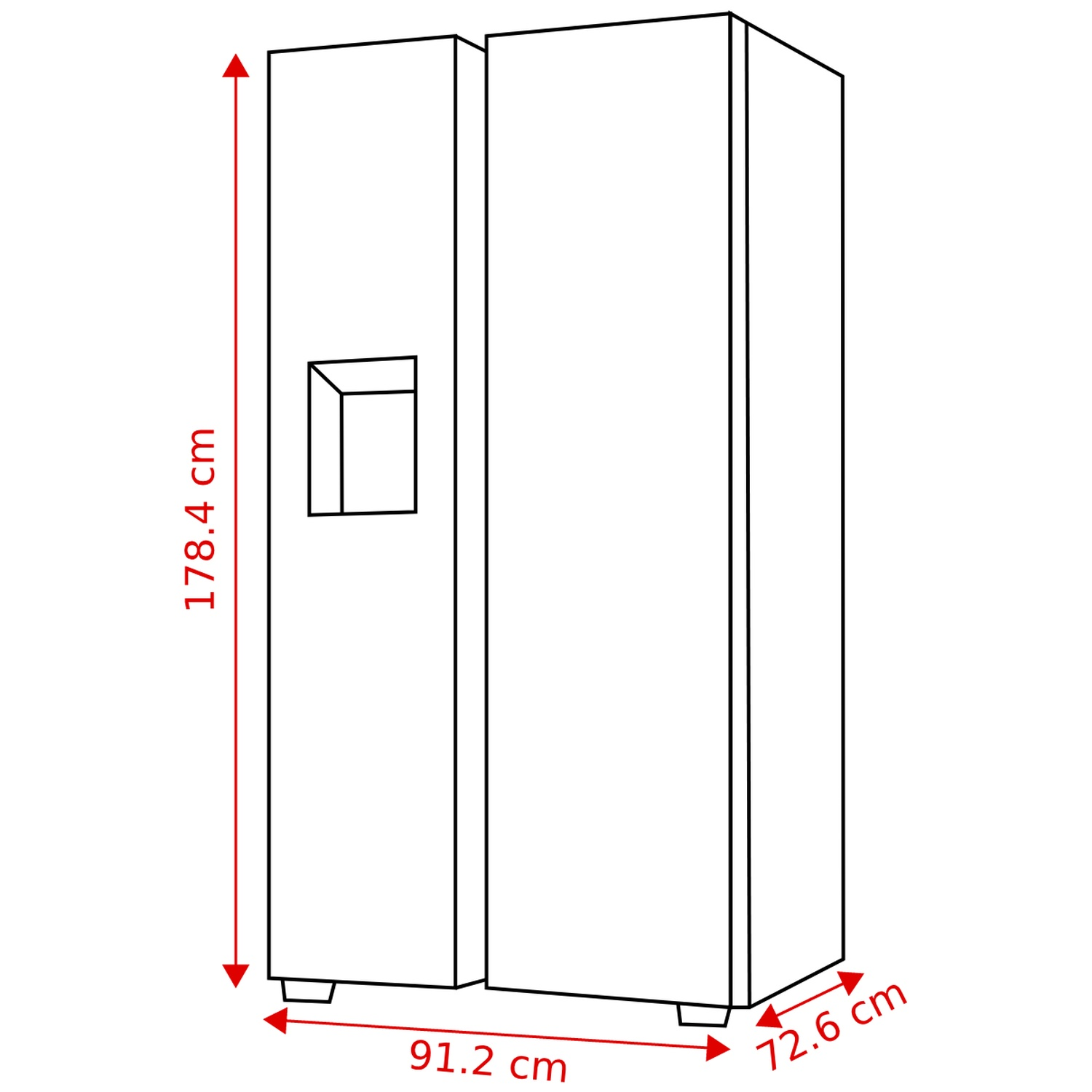 Lijntekening van een Amerikaanse koelkast met afmetingen van 178,4 cm hoog, 91,2 cm breed en 72,6 cm diep.