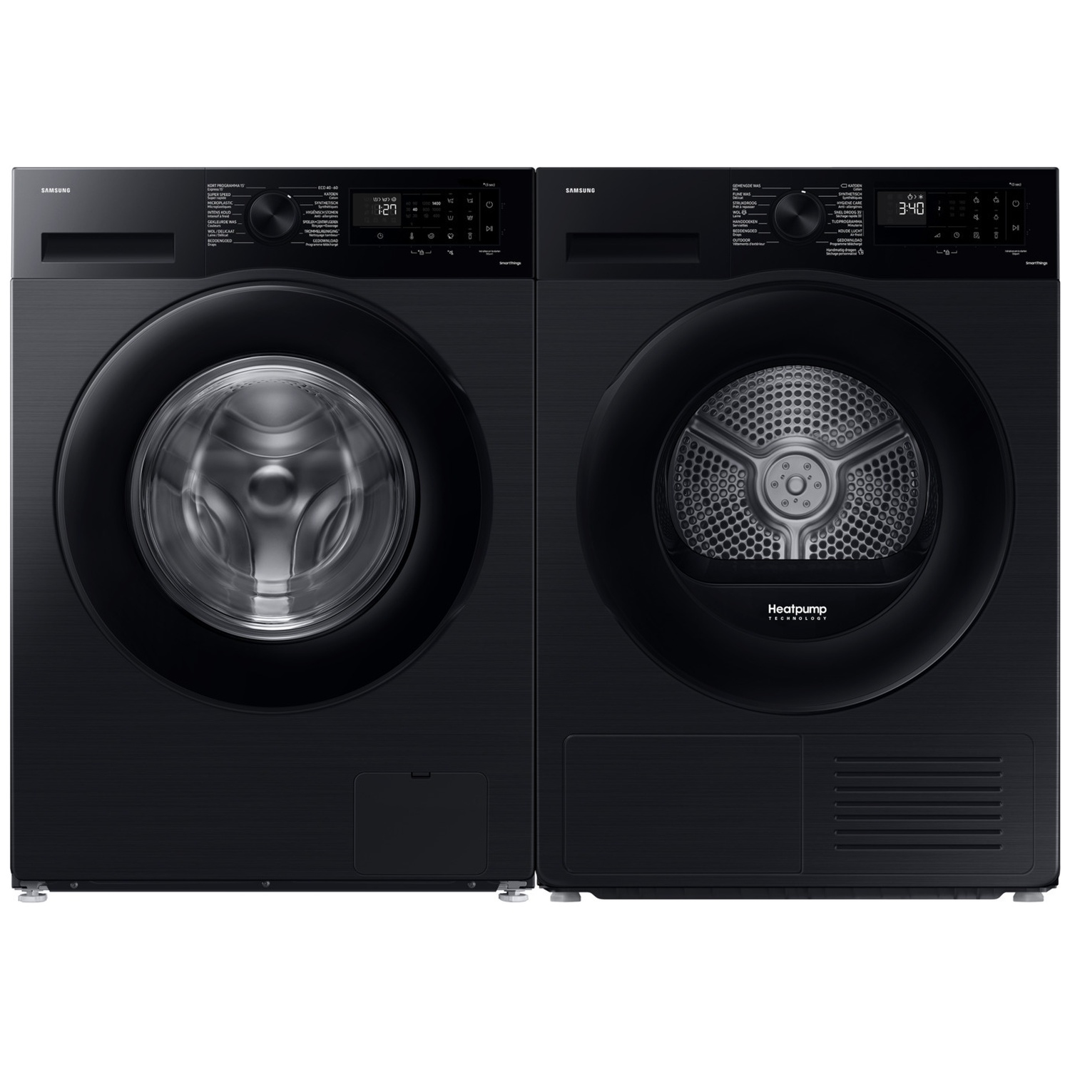Two black Samsung appliances, a washing machine on the left and a dryer on the right, lined up side by side.