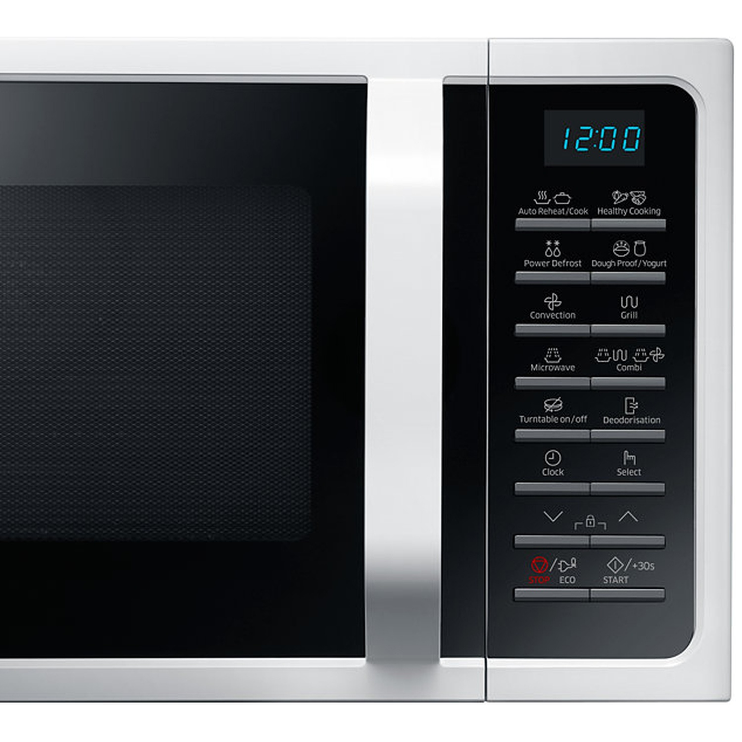 Close-up of a silver microwave with a digital display and various function buttons on the control panel.
