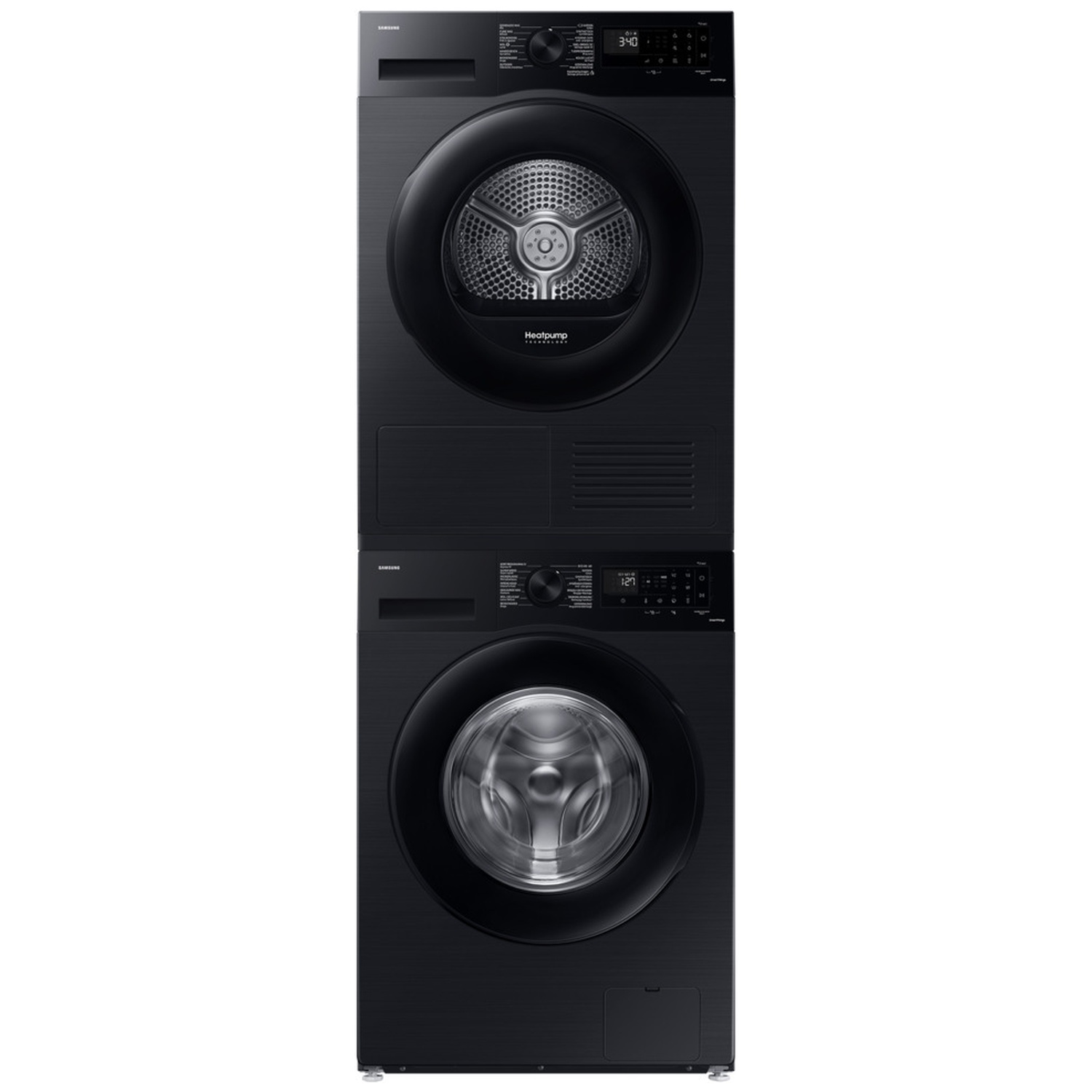 Black Samsung washing machine and dryer stacked vertically on a white background.