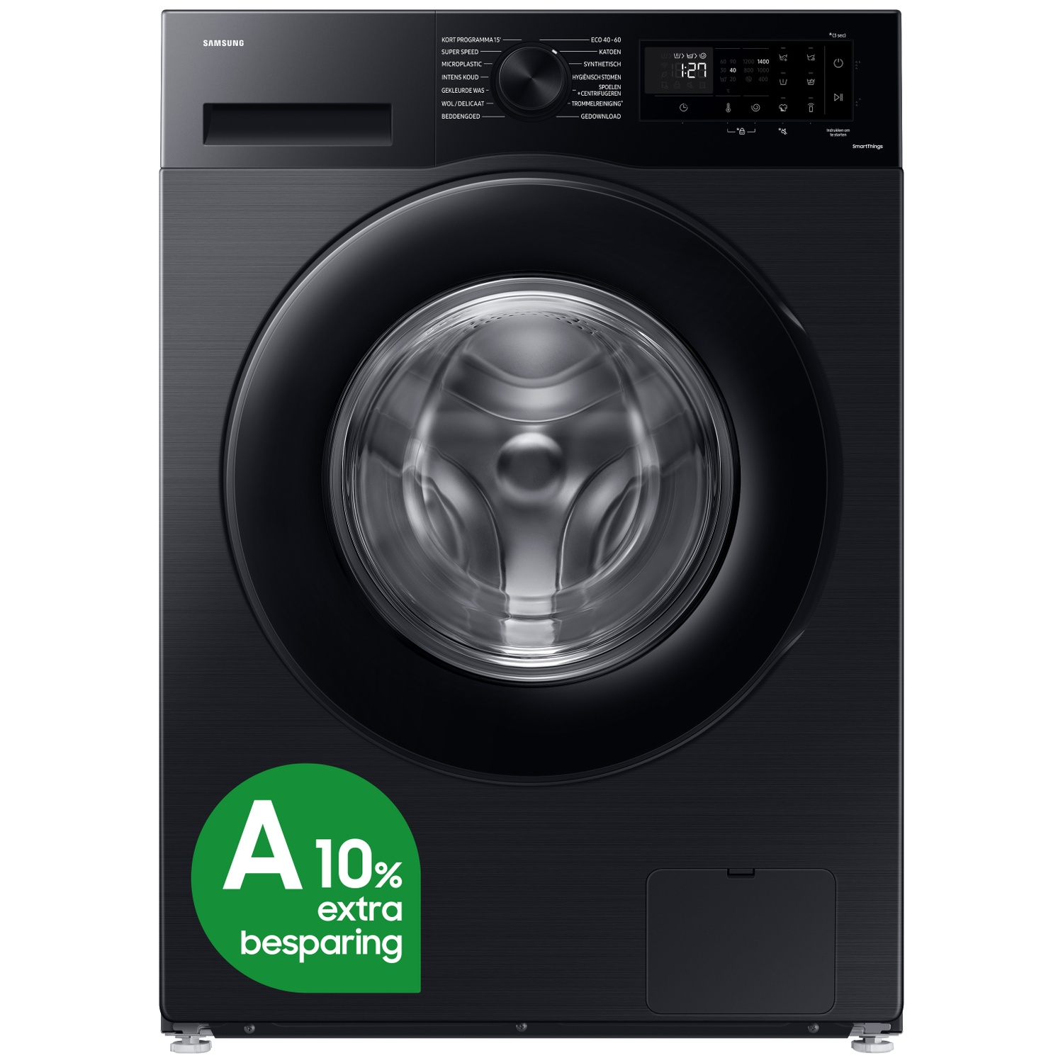 Modern black Samsung washing machine with digital display and a green energy efficiency A label sticker.
