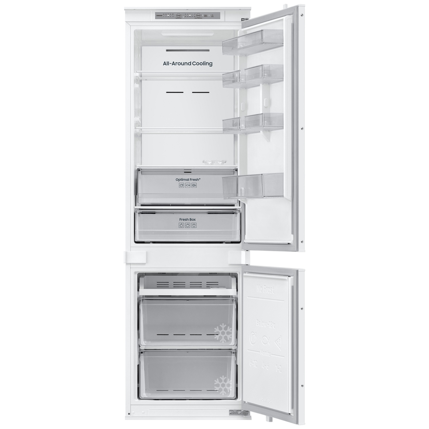 Un réfrigérateur encastrable blanc avec portes ouvertes, étagères en verre et tiroirs transparents.