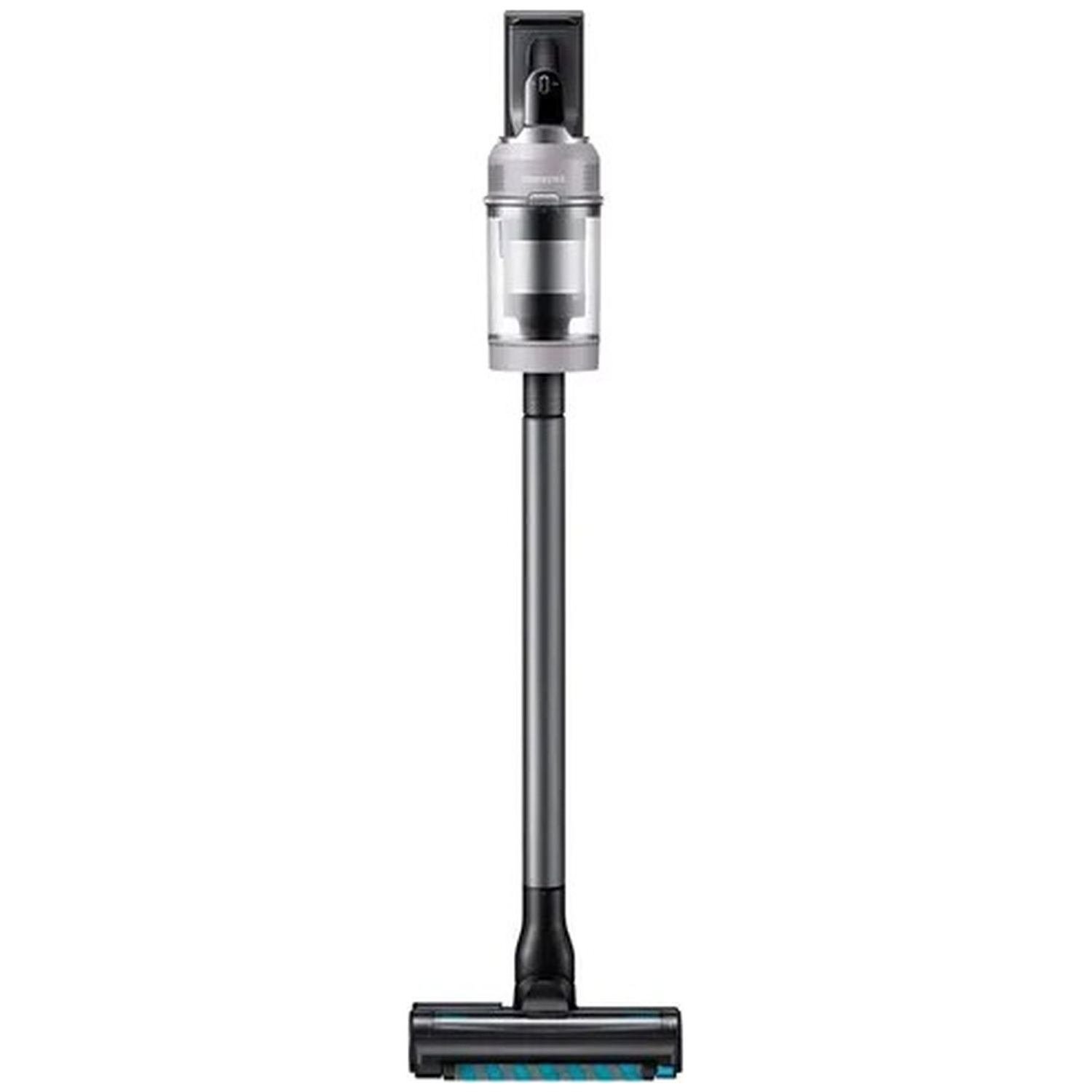 Aspirateur balai sans fil argenté avec bac à poussière transparent sur fond blanc.