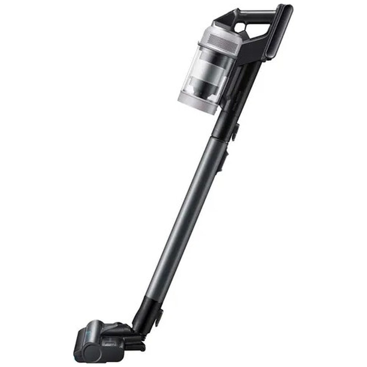Un aspirateur balai sans fil noir et argent élégant posé à la verticale sur fond blanc.
