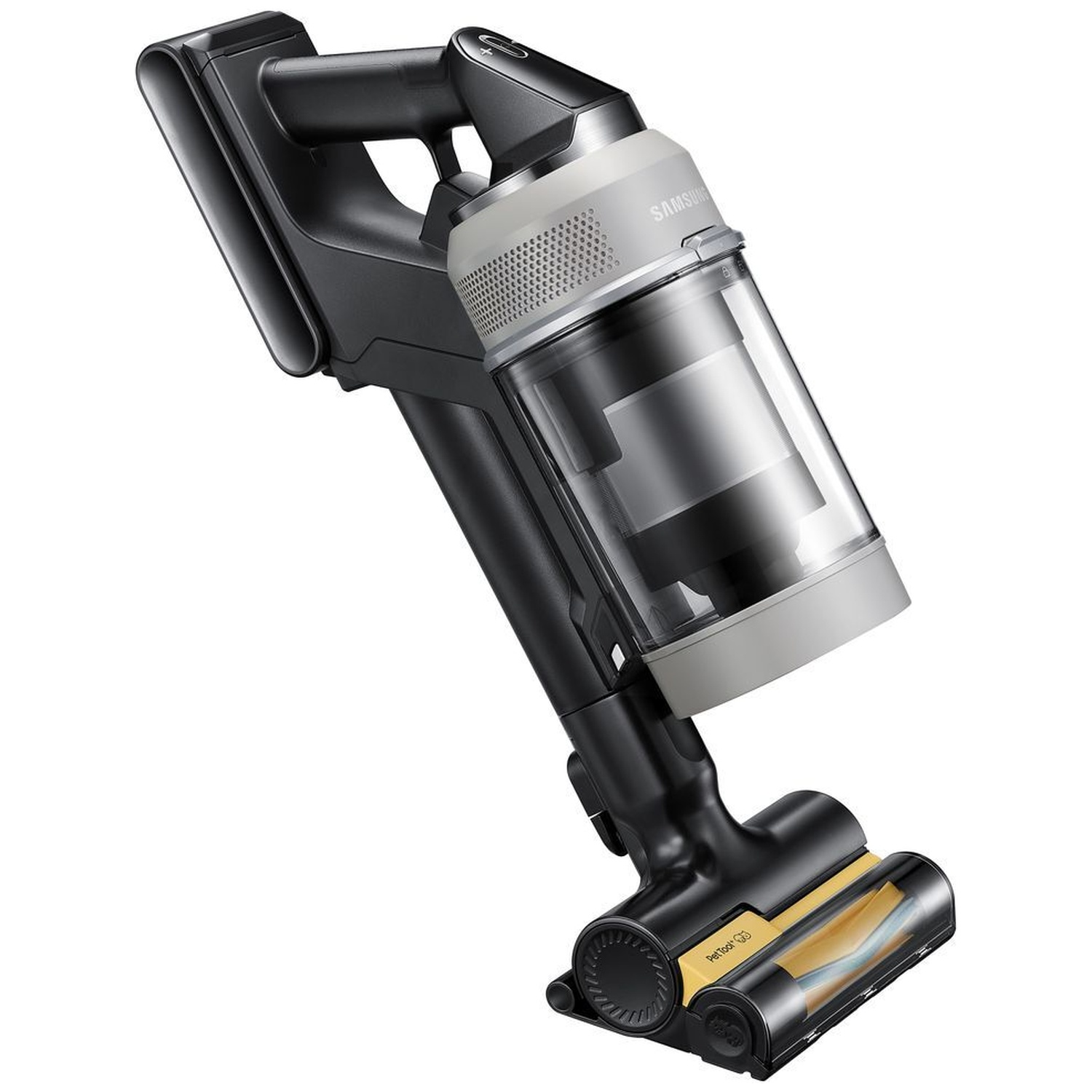 Un aspirateur balai sans fil noir et gris moderne avec bac à poussière transparent et brosse motorisée.