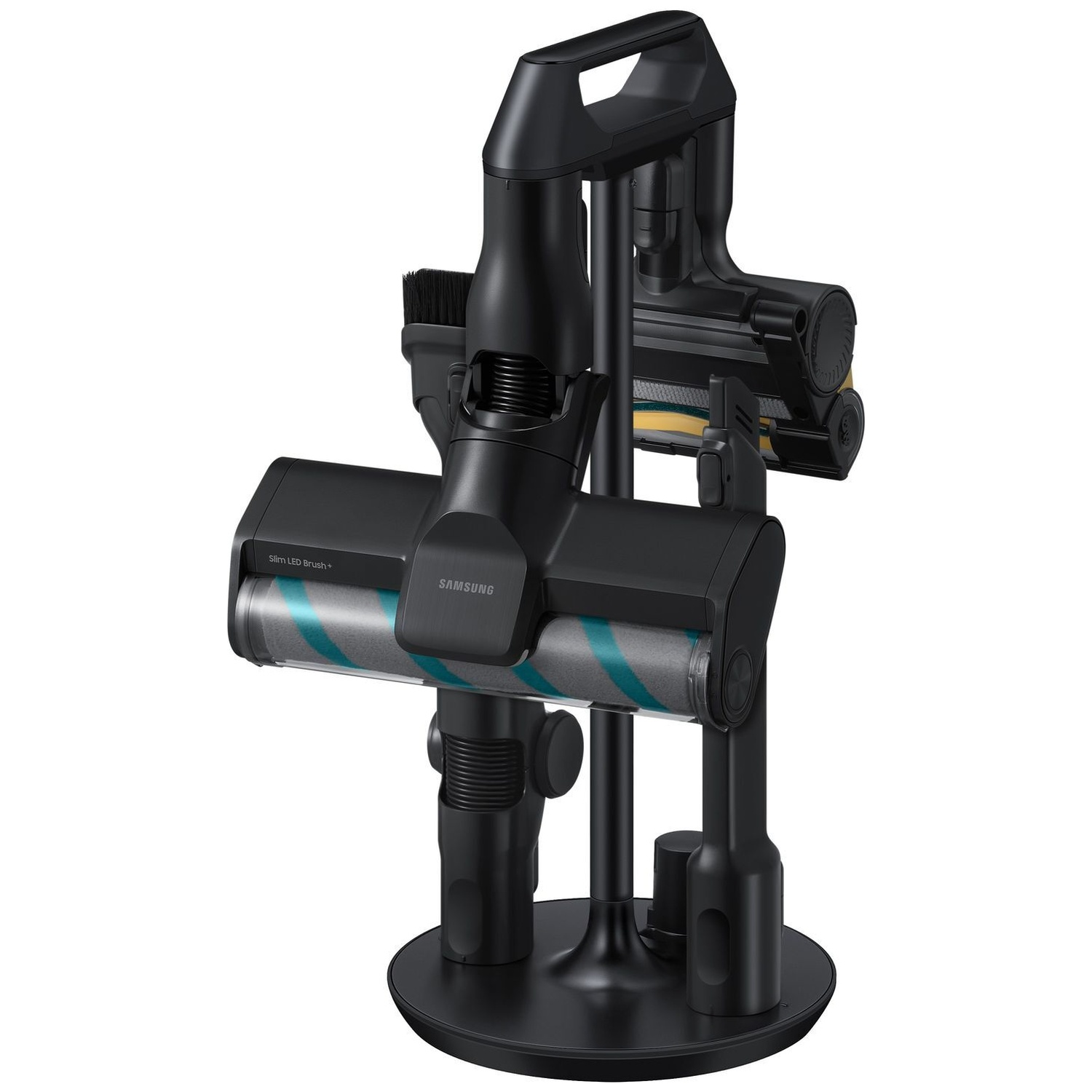 Support de charge noir pour aspirateur Samsung avec divers accessoires sur une base ronde.