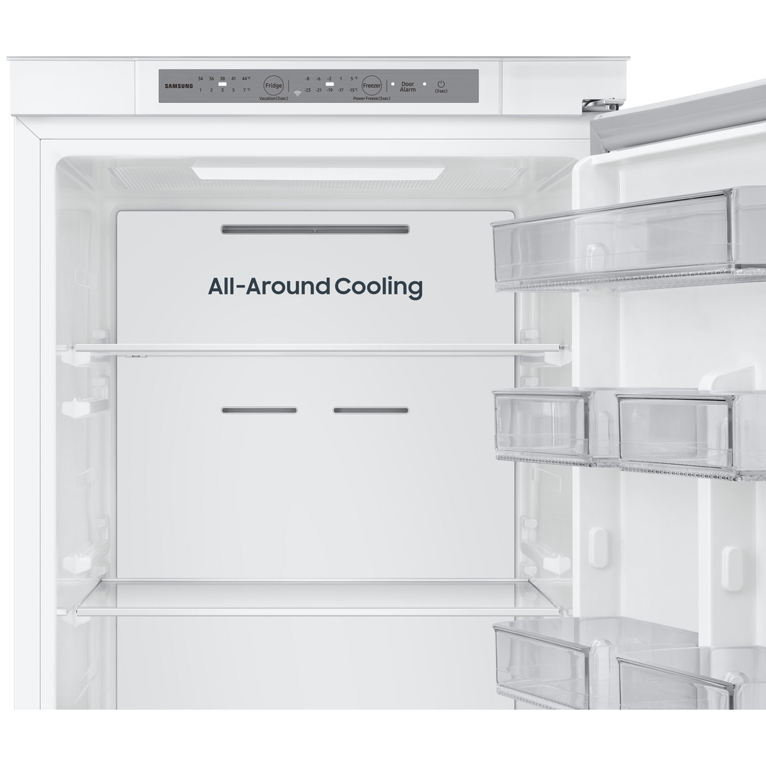 Réfrigérateur Samsung blanc ouvert avec des étagères en verre et le texte All-Around Cooling.