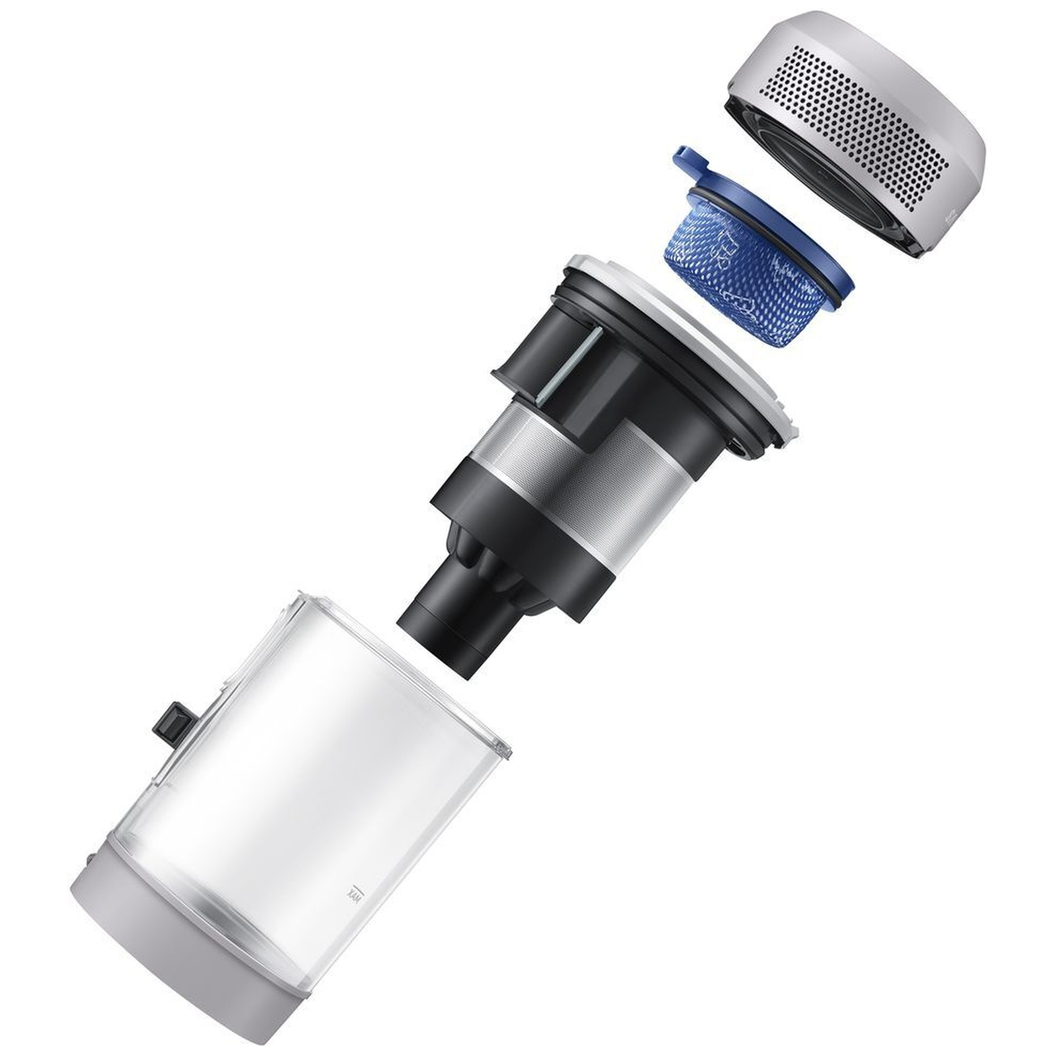 Vue éclatée des pièces du filtre d'un aspirateur.