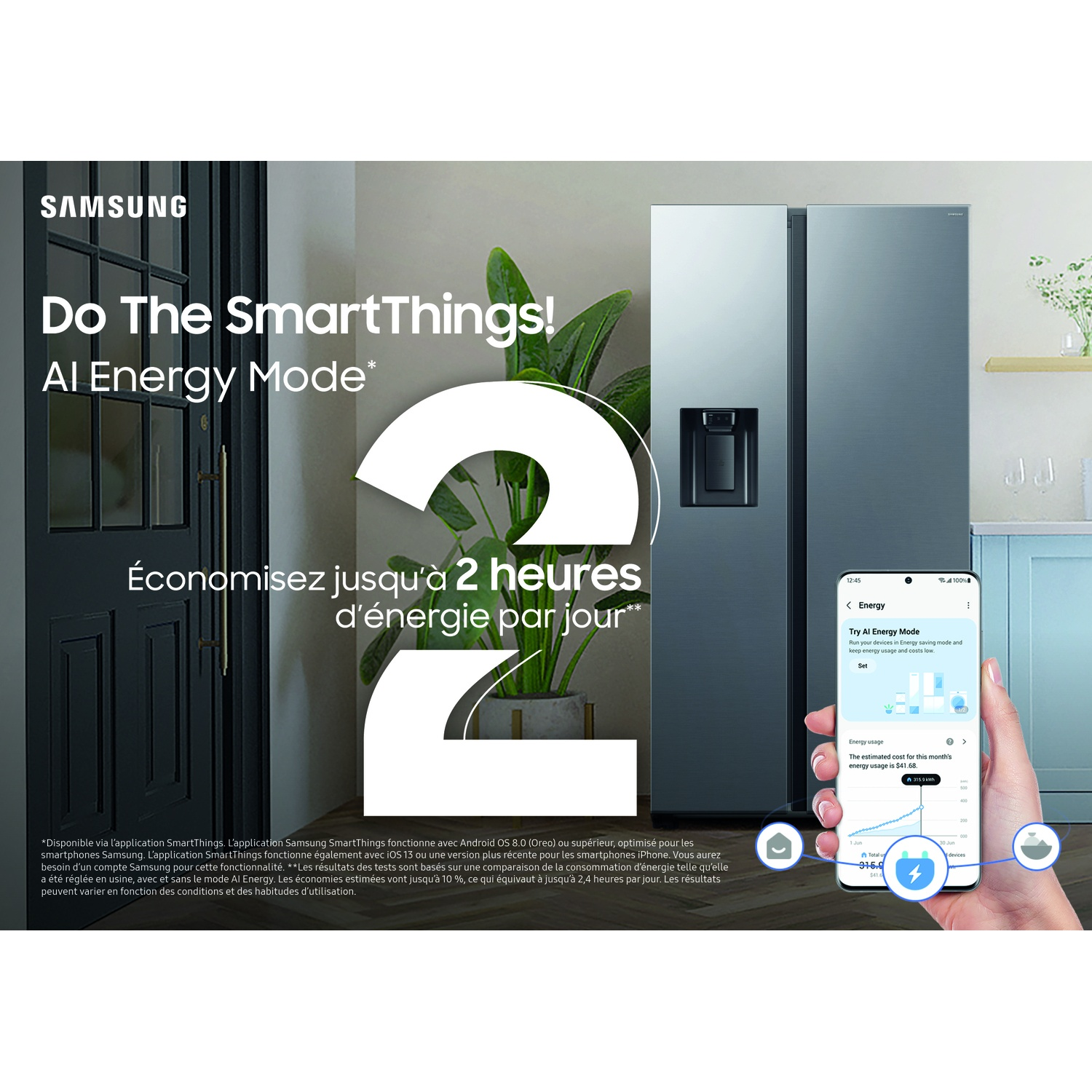 Samsung koelkast, smartphone met app, plant in pot en tekst over AI-energiemodus in een modern huis.