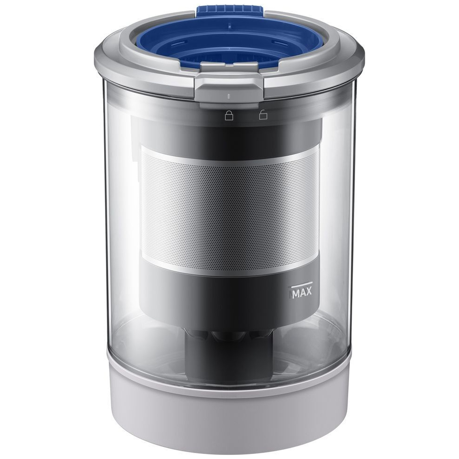 Un bac à poussière d'aspirateur cylindrique transparent avec filtre intérieur noir et couvercle bleu.