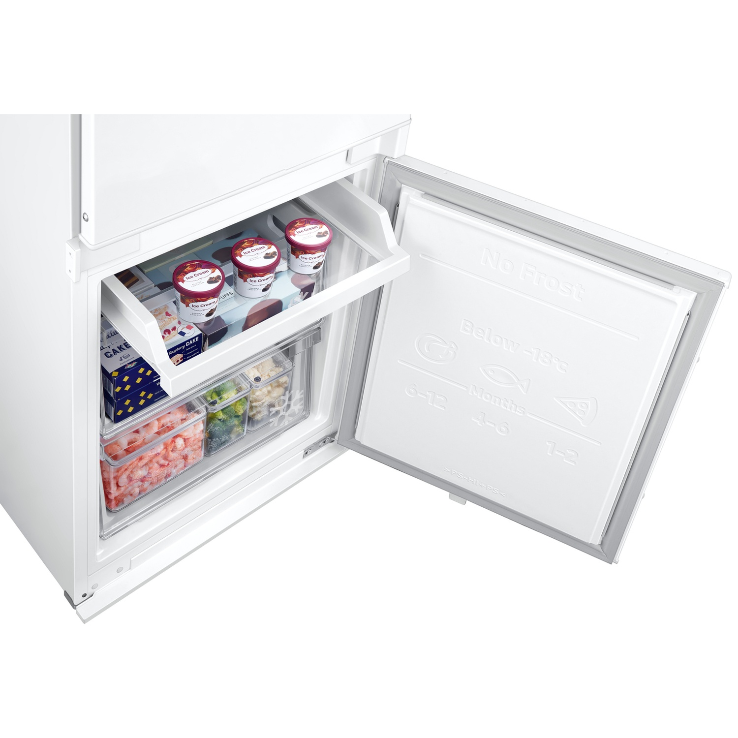 Congélateur blanc ouvert avec des tiroirs, des pots de glace et des aliments surgelés.
