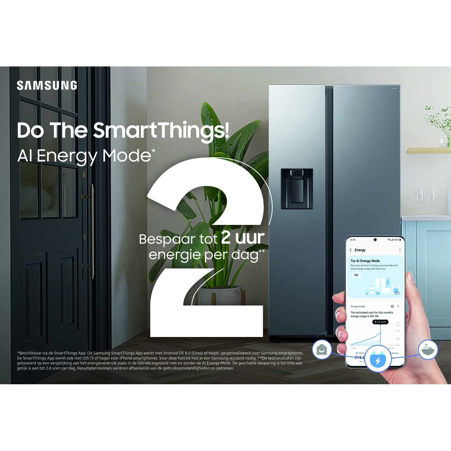 Een Samsung-koelkast en smartphone met de SmartThings-app, promotietekst en een plant op de achtergrond.