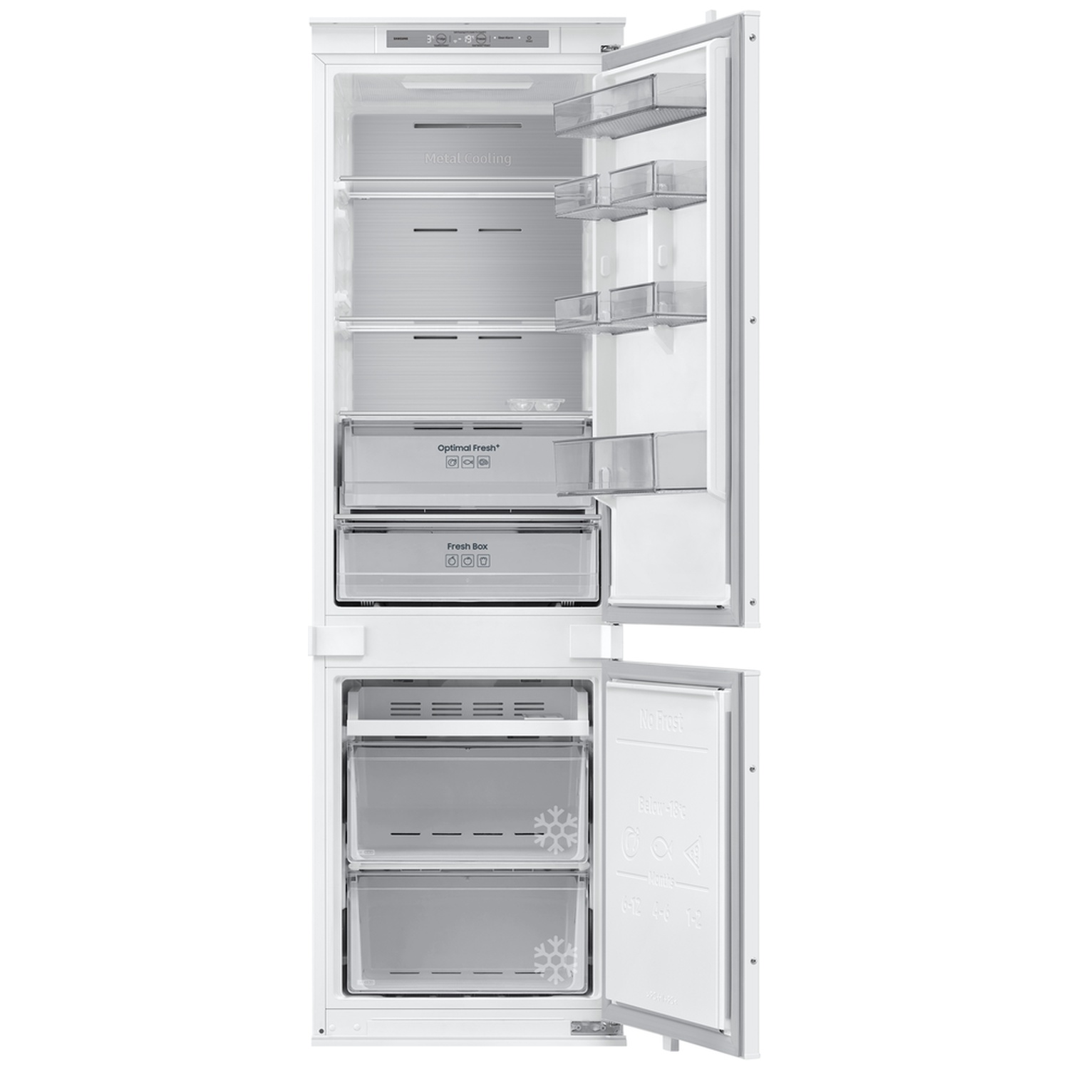 A white refrigerator with open doors, showing interior shelves, door bins, and lower freezer drawers.