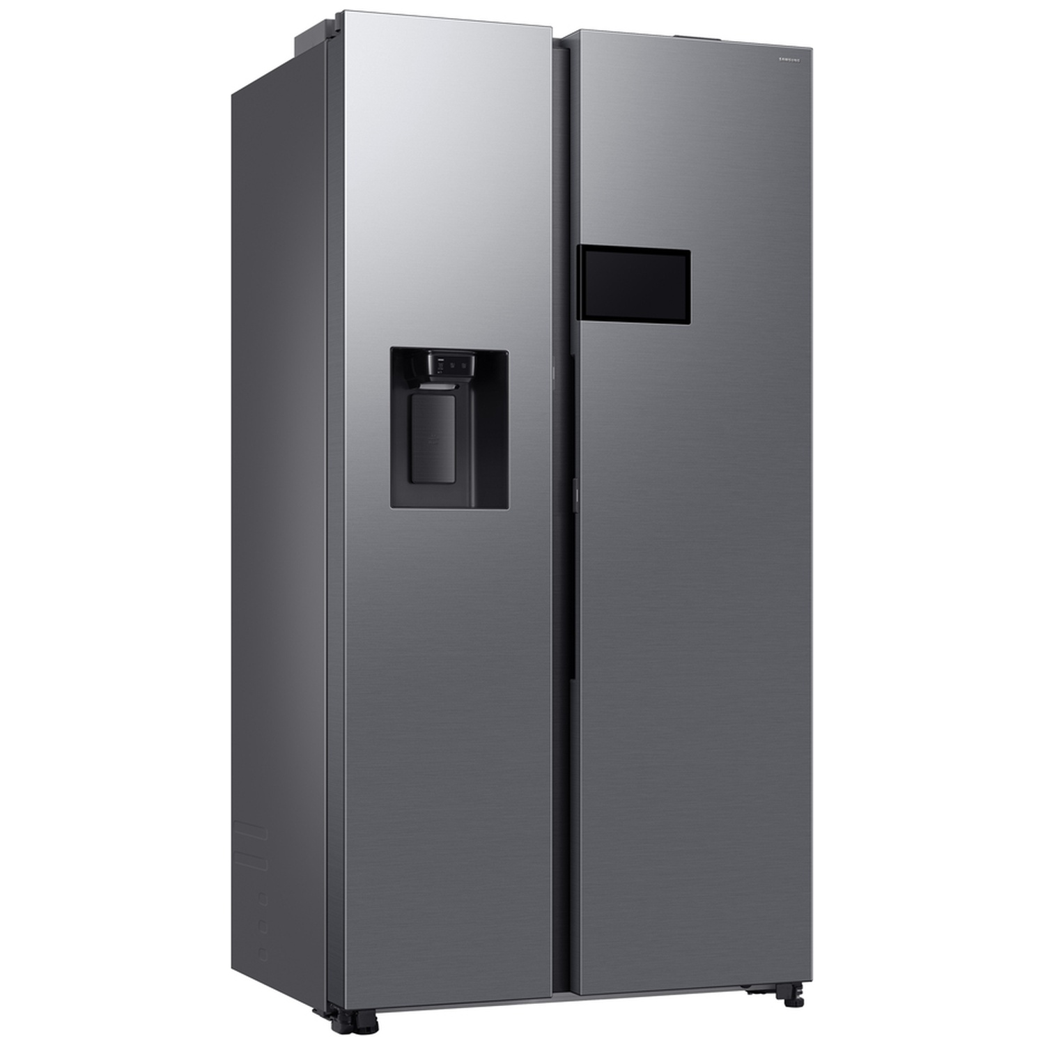 Modern silver stainless steel side-by-side refrigerator with water dispenser and display.
