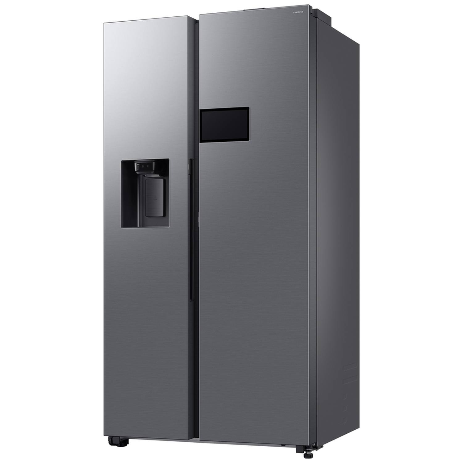 A grey side-by-side refrigerator with a built-in water dispenser and display on a white background.