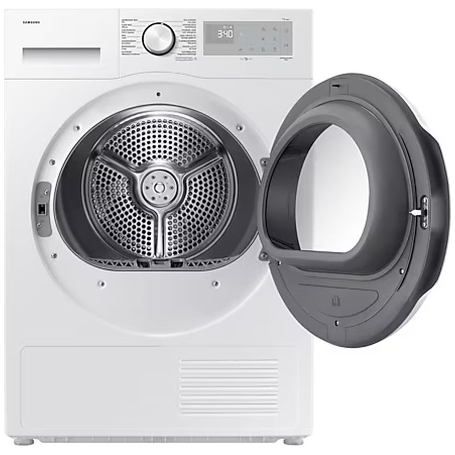 Sèche-linge blanc Samsung avec porte de tambour ouverte et affichage numérique.