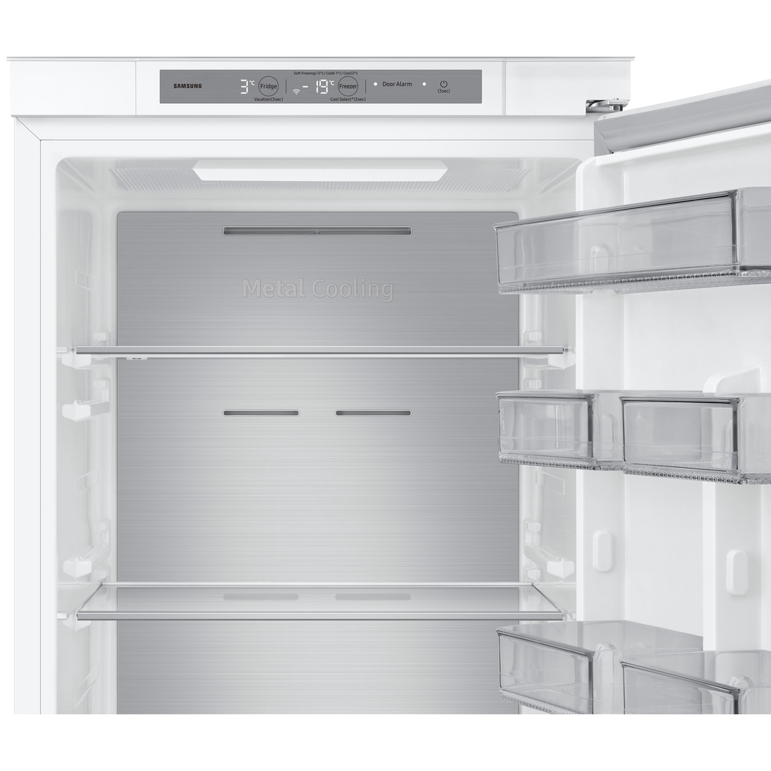 Open white refrigerator showing metal cooling back panel, glass shelves, and door bins.