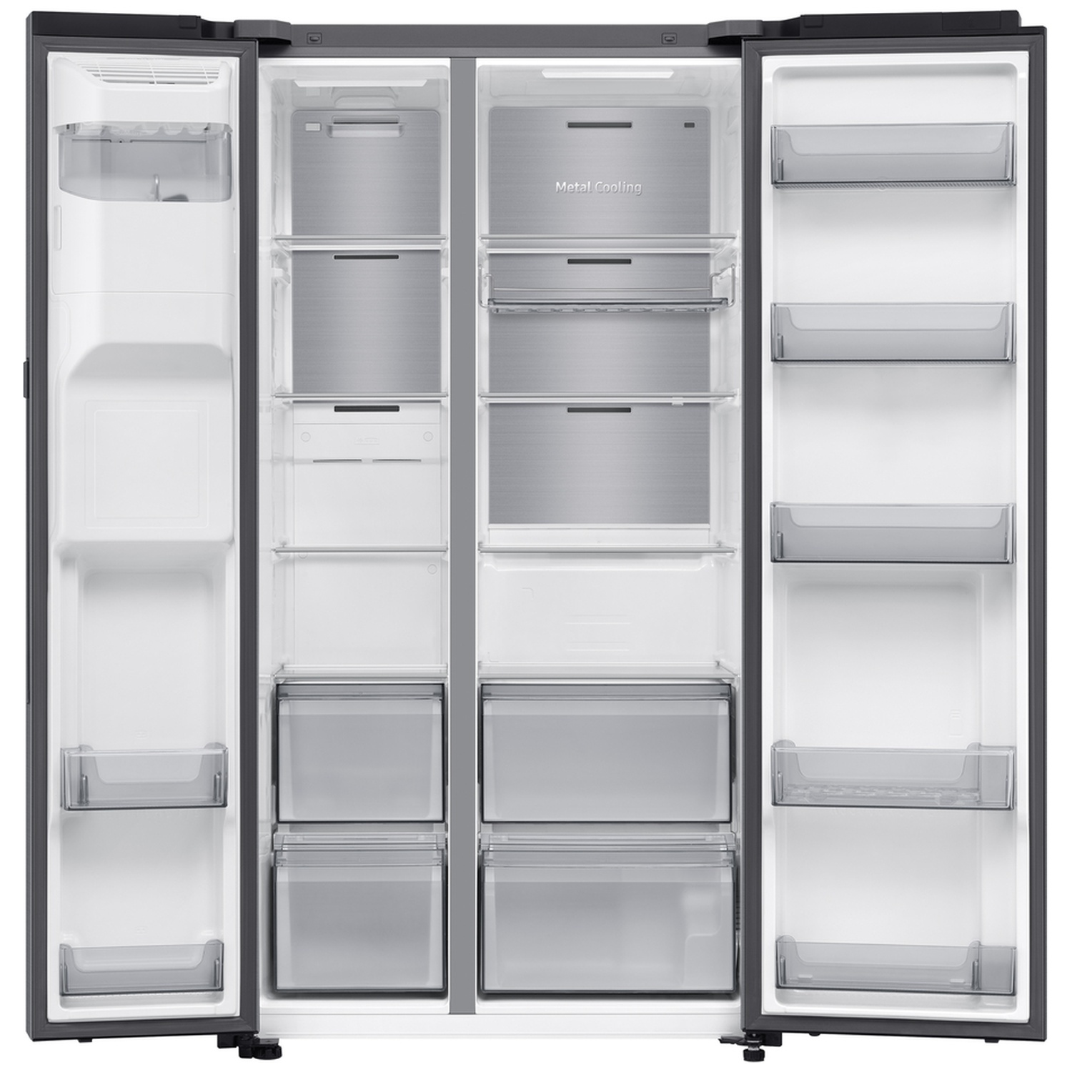 Open black double-door refrigerator with glass shelves and clear drawers inside a bright interior.