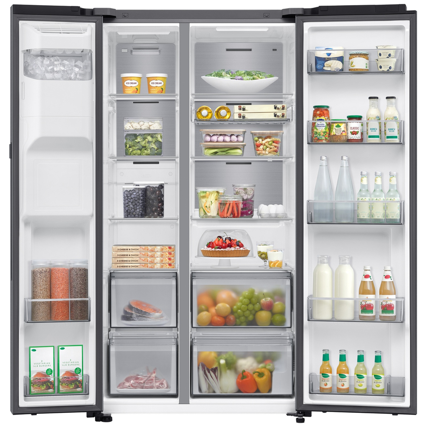 An open modern double-door refrigerator filled with neatly organized food, drinks, and fresh produce.