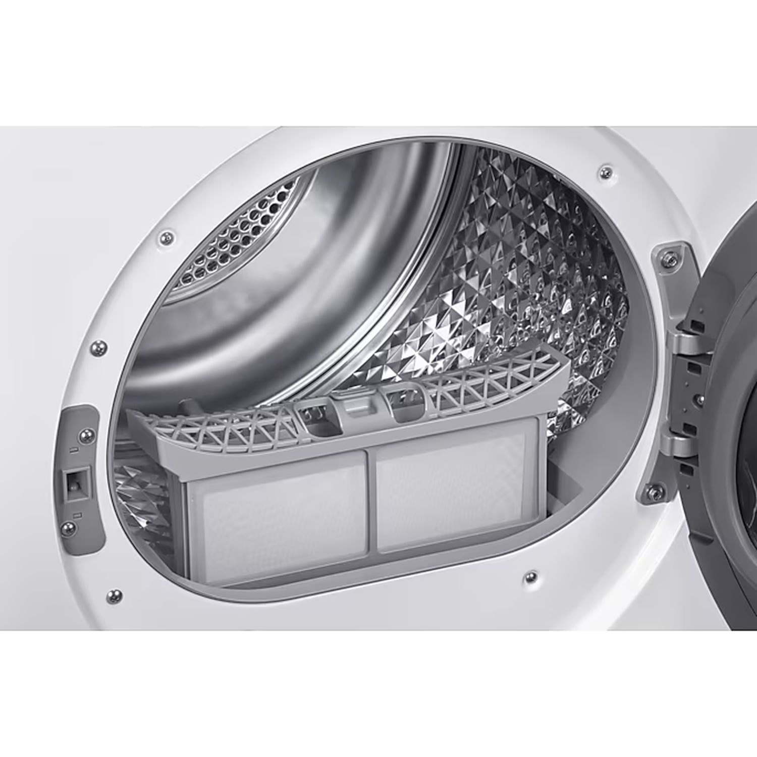 Sécheur blanc ouvert avec un filtre gris à l'intérieur du tambour en inox.