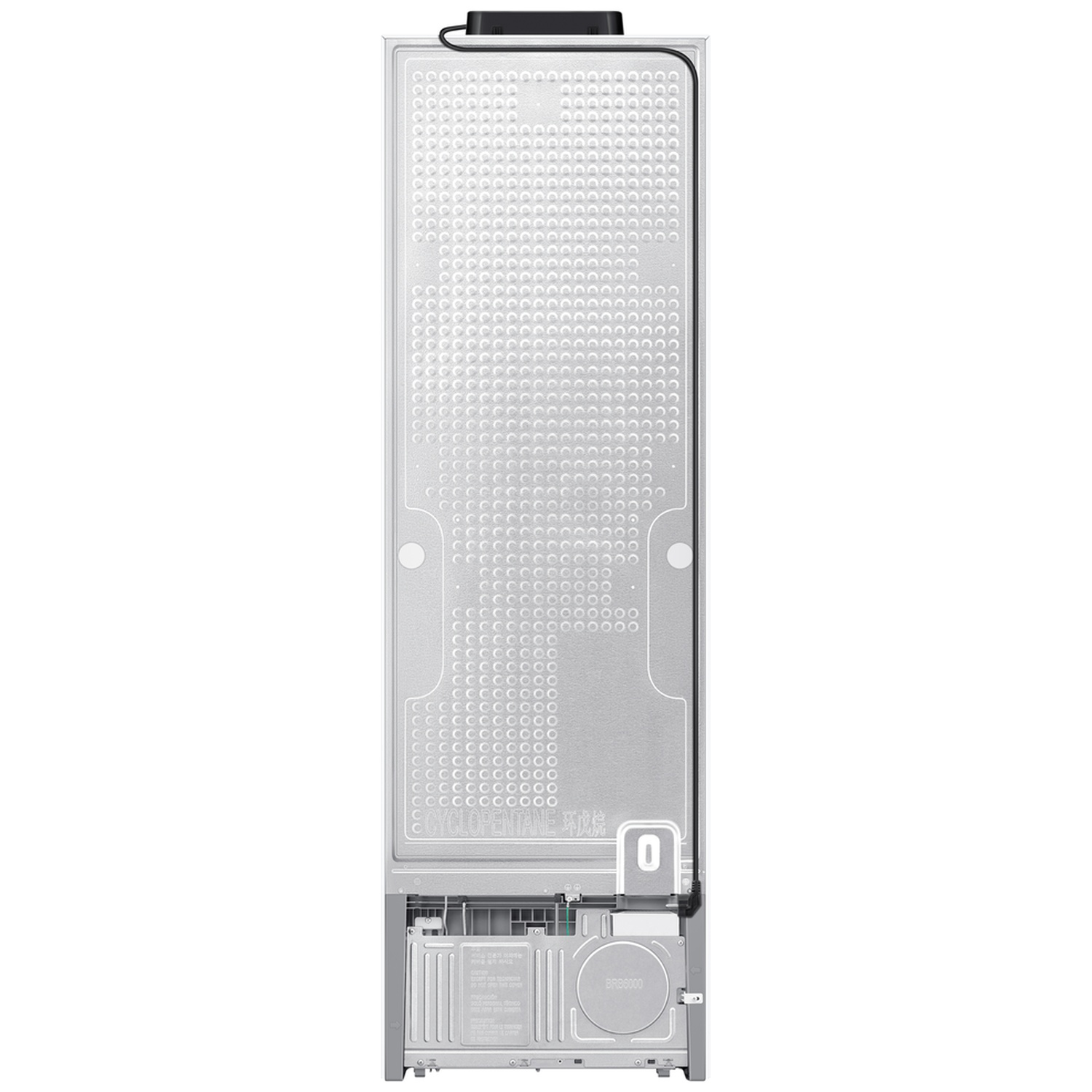 The silver back panel of a refrigerator showing a coil pattern and lower machinery compartment.
