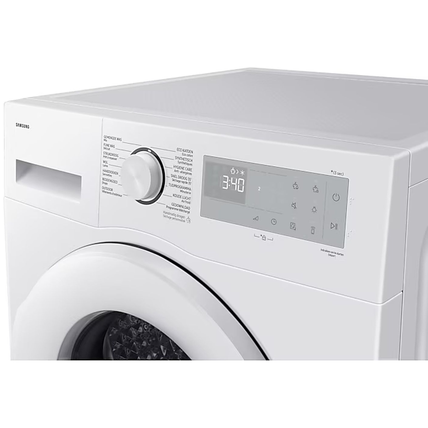 Gros plan d'un lave-linge blanc Samsung avec bouton rotatif et affichage numérique.
