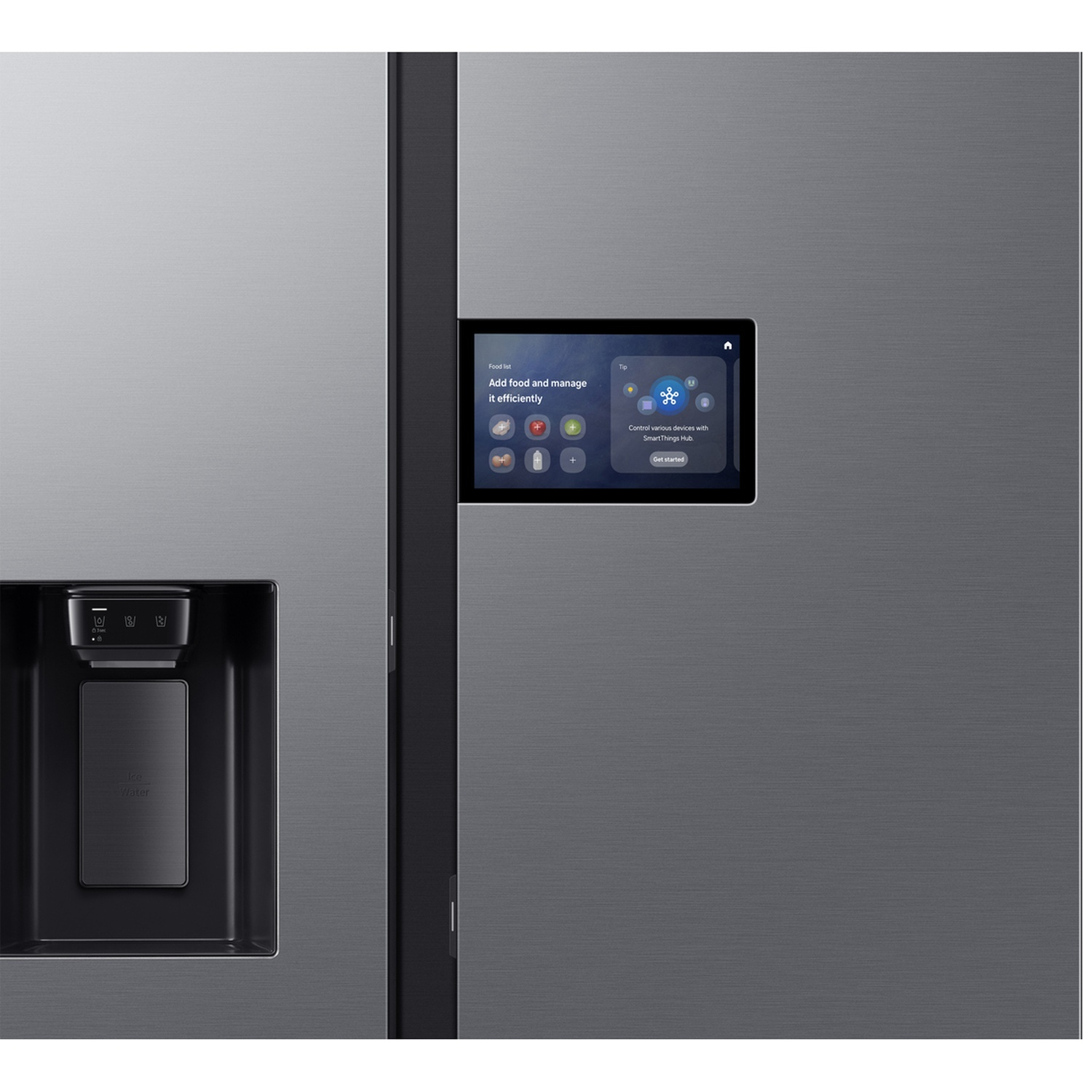 Grey refrigerator with an integrated smart display and water dispenser.