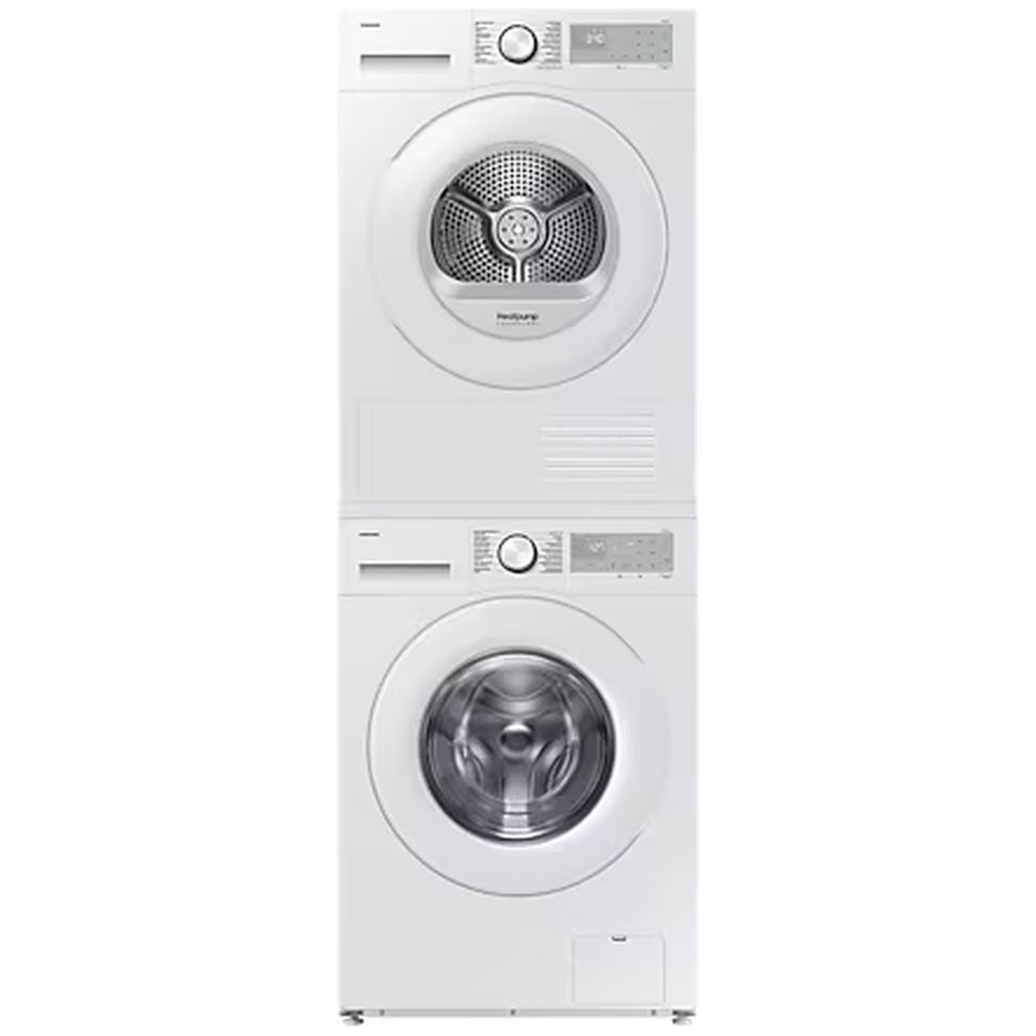 Un lave-linge blanc à chargement frontal empilé sous un sèche-linge blanc sur fond clair.