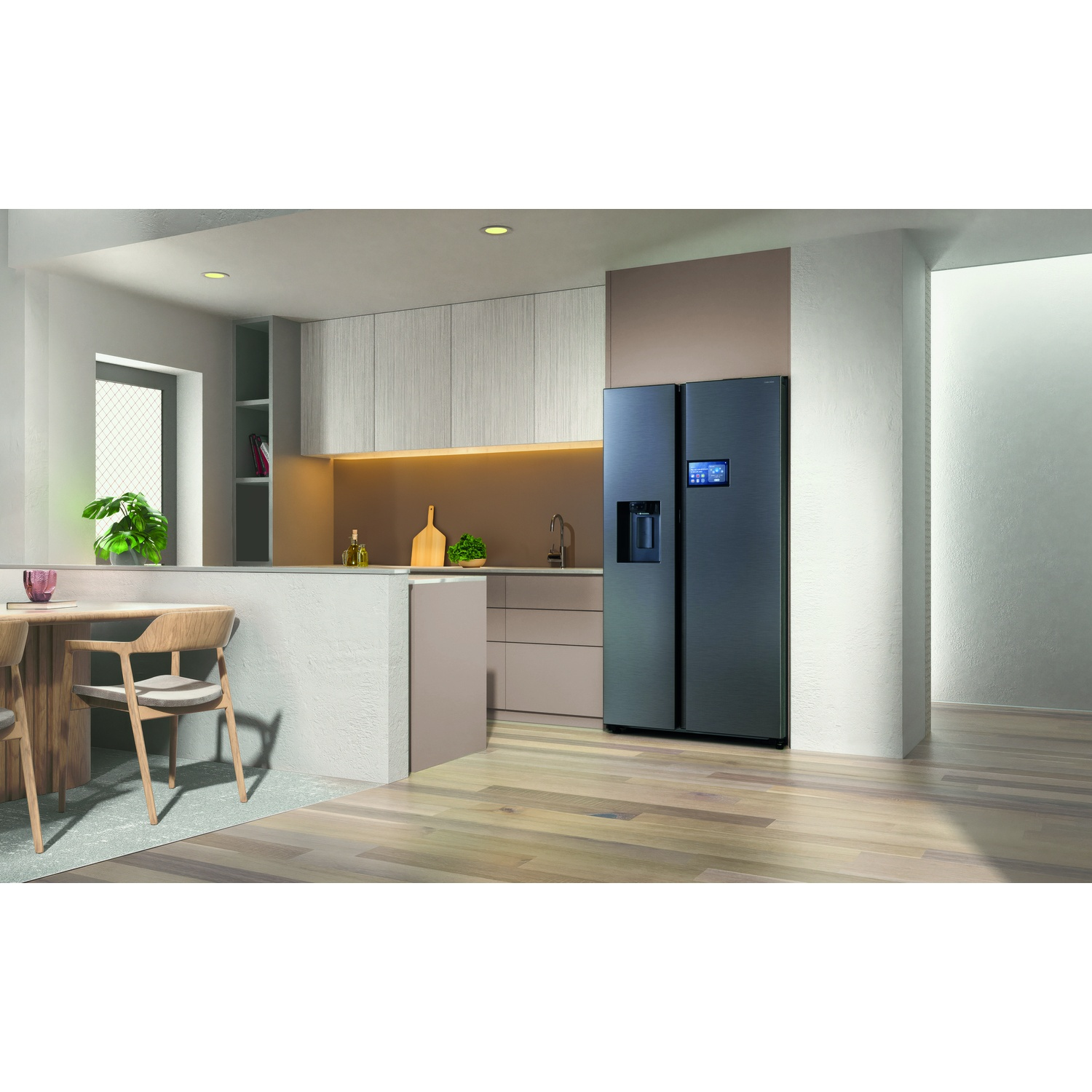 Modern kitchen featuring a dark side-by-side refrigerator, wooden flooring, and a dining area in the foreground.