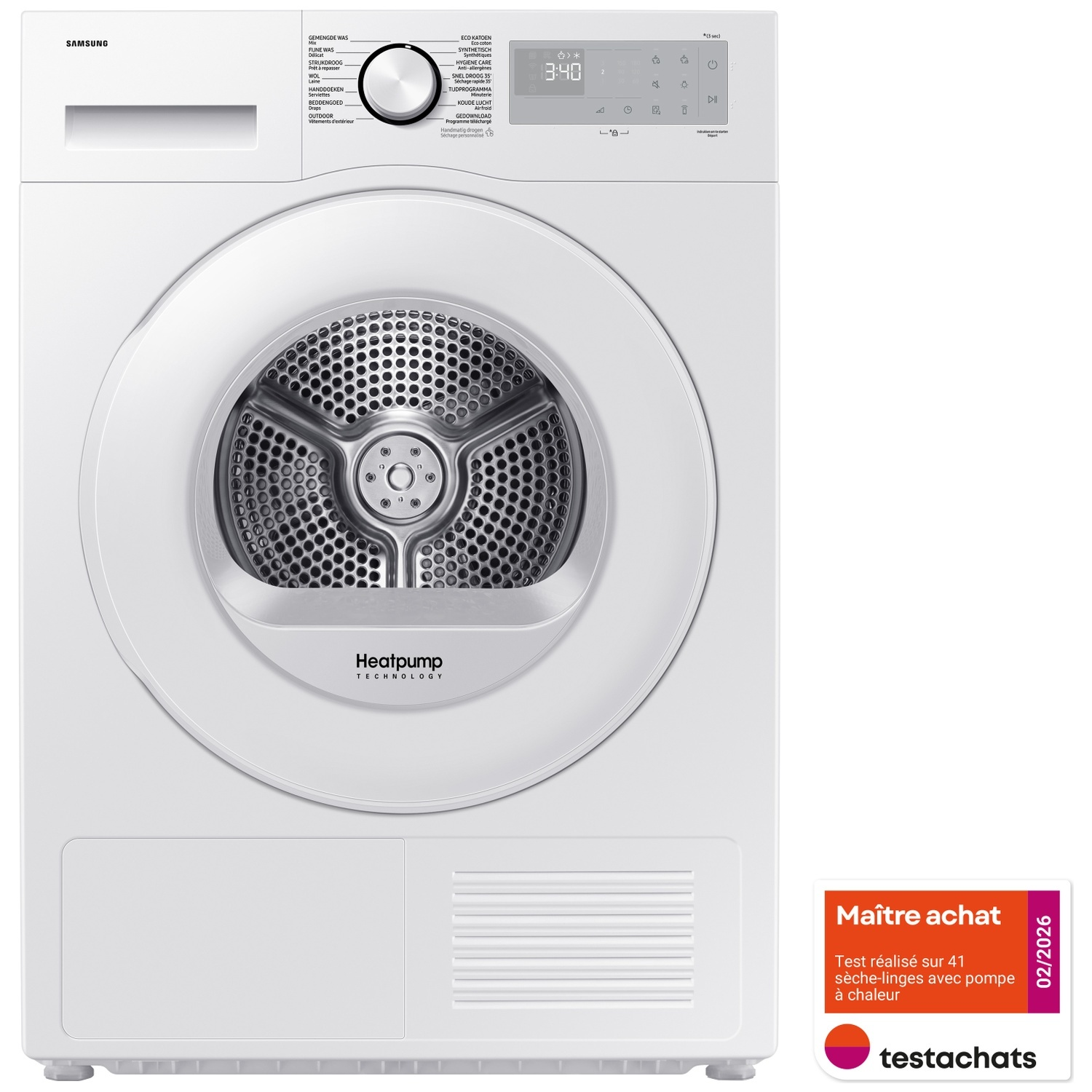 Un sèche-linge à pompe à chaleur Samsung blanc avec écran numérique et étiquette Maitre Achat dans le coin.