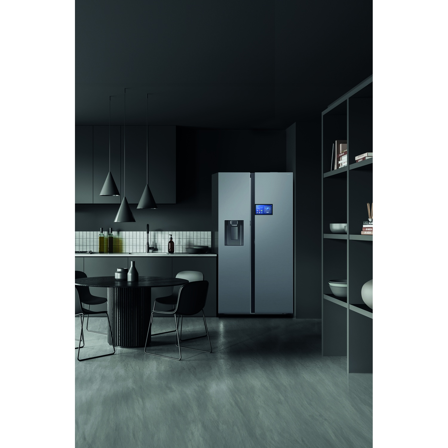 Modern black kitchen featuring a silver side-by-side refrigerator, dining table, and shelving unit.