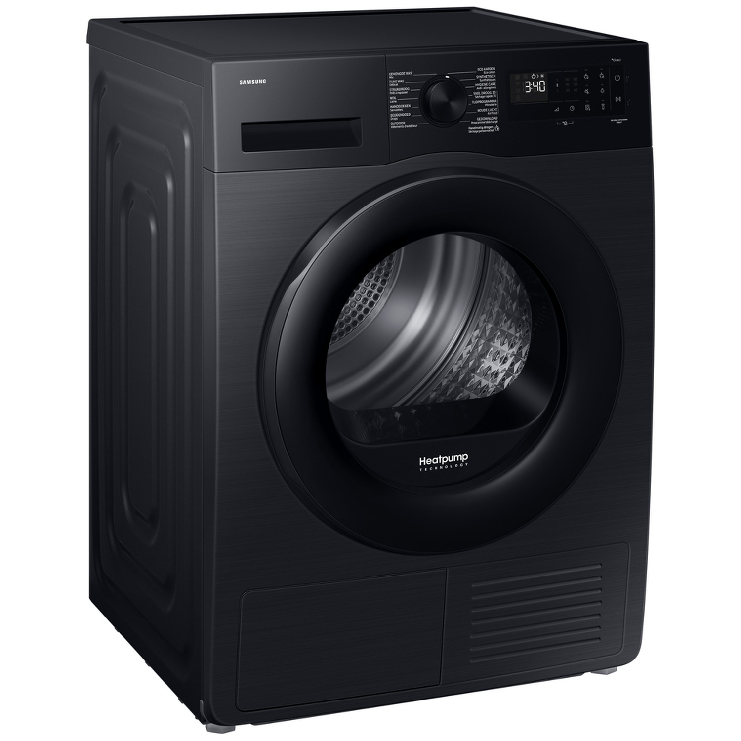 Modern black Samsung tumble dryer with a glass door and digital display against a white background.