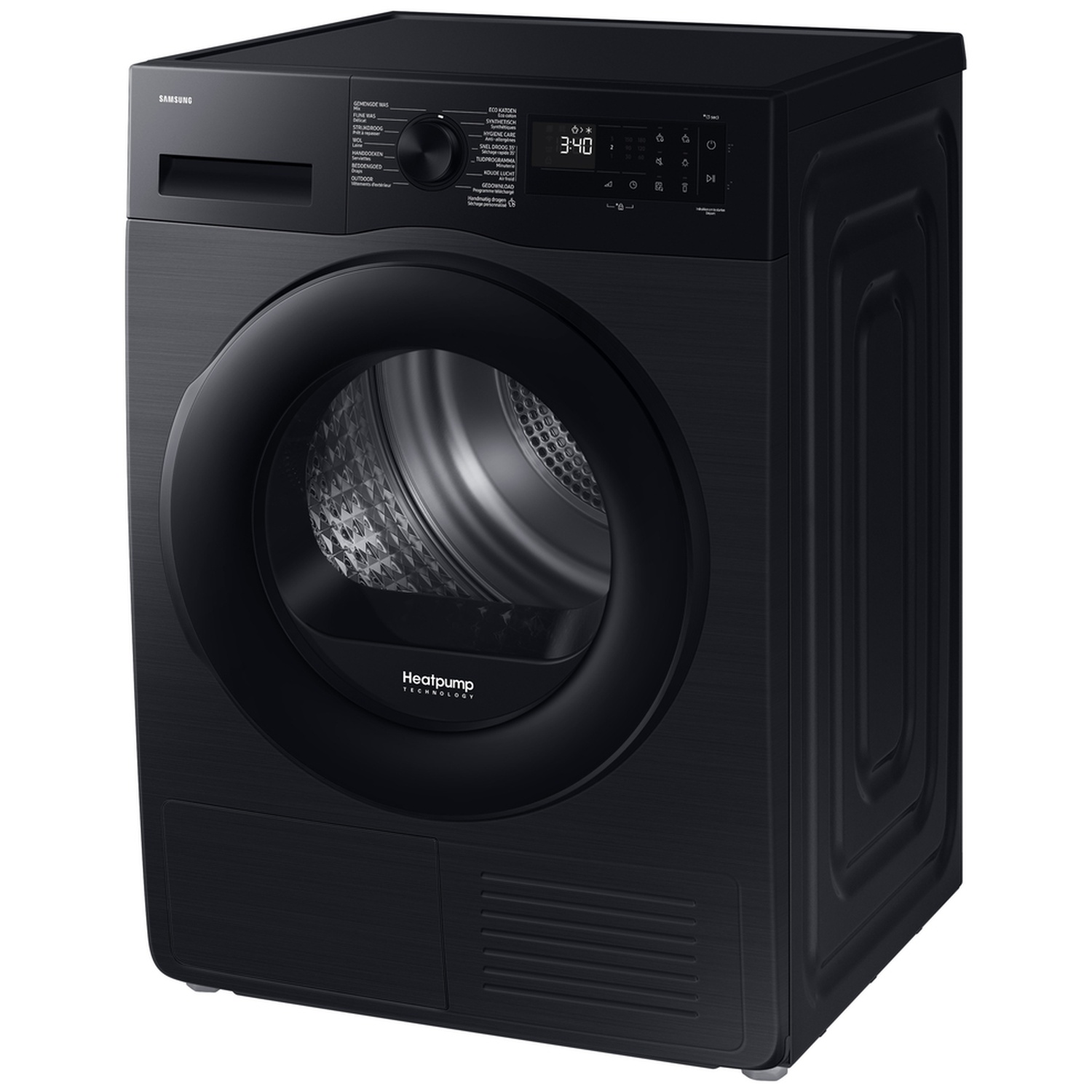 Modern black Samsung tumble dryer with digital display and a round glass door.