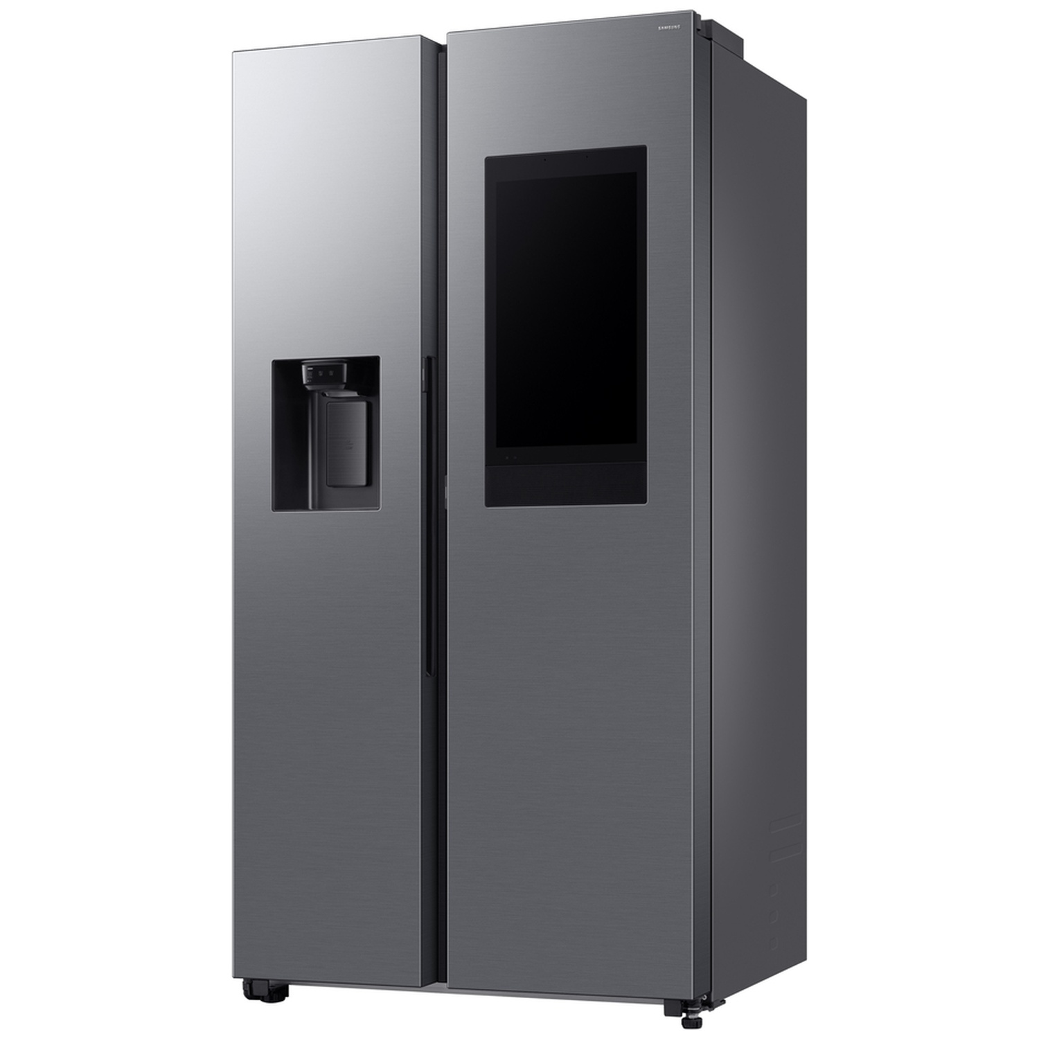 Réfrigérateur américain gris moderne avec distributeur d'eau et grand écran intelligent.