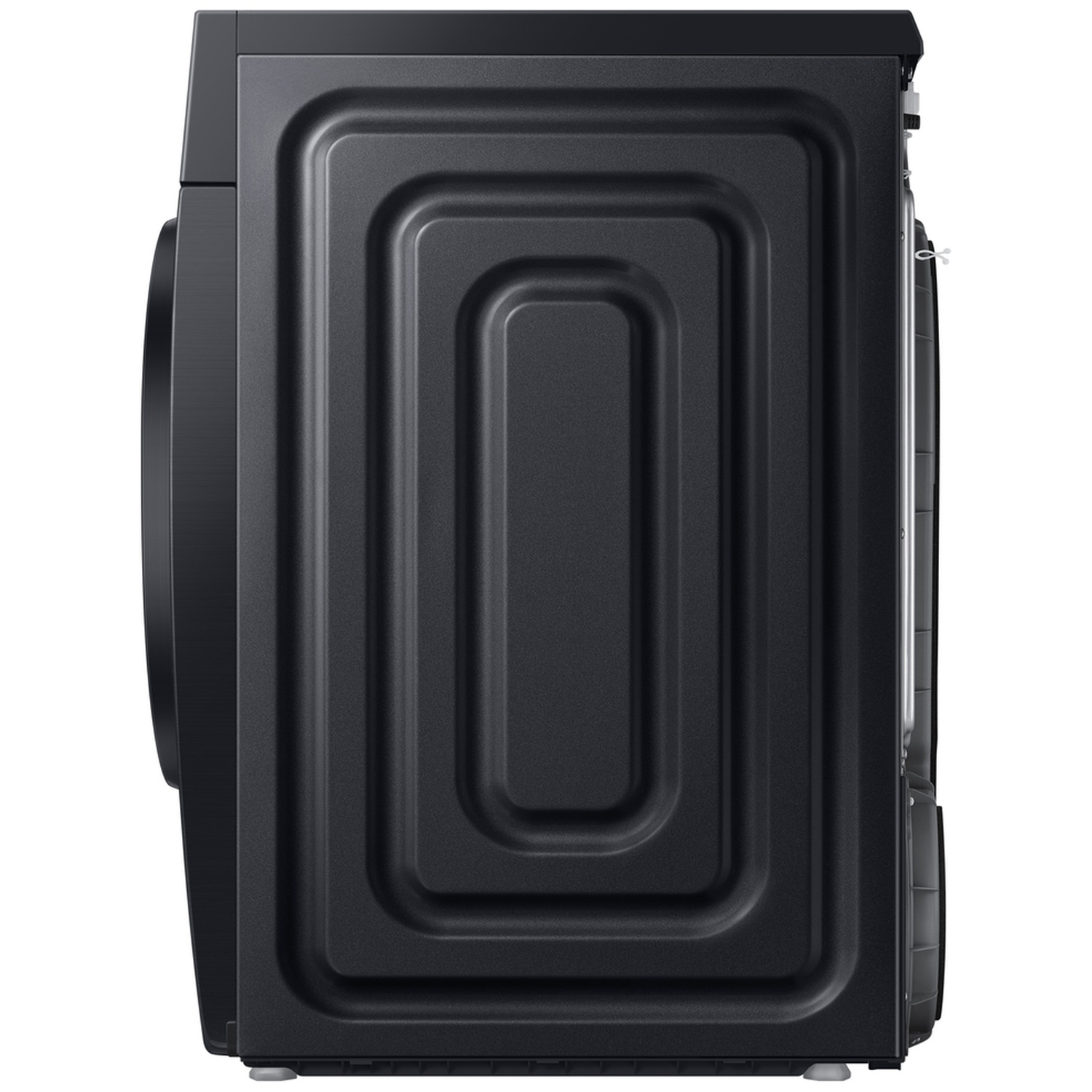 Side view of a black washing machine with embossed rectangular ridges on its panel.