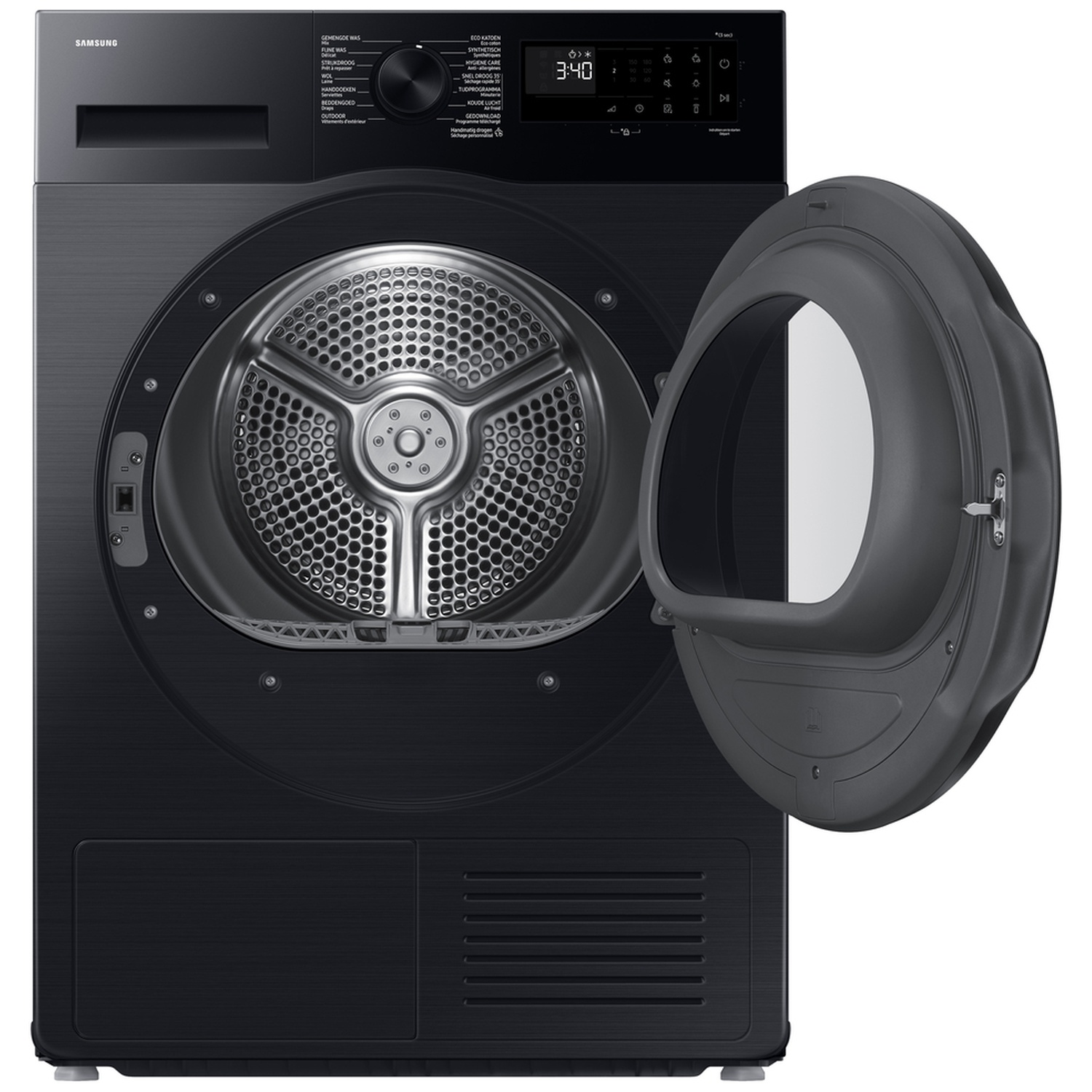 A black Samsung tumble dryer with its door open, digital display, and stainless steel drum.