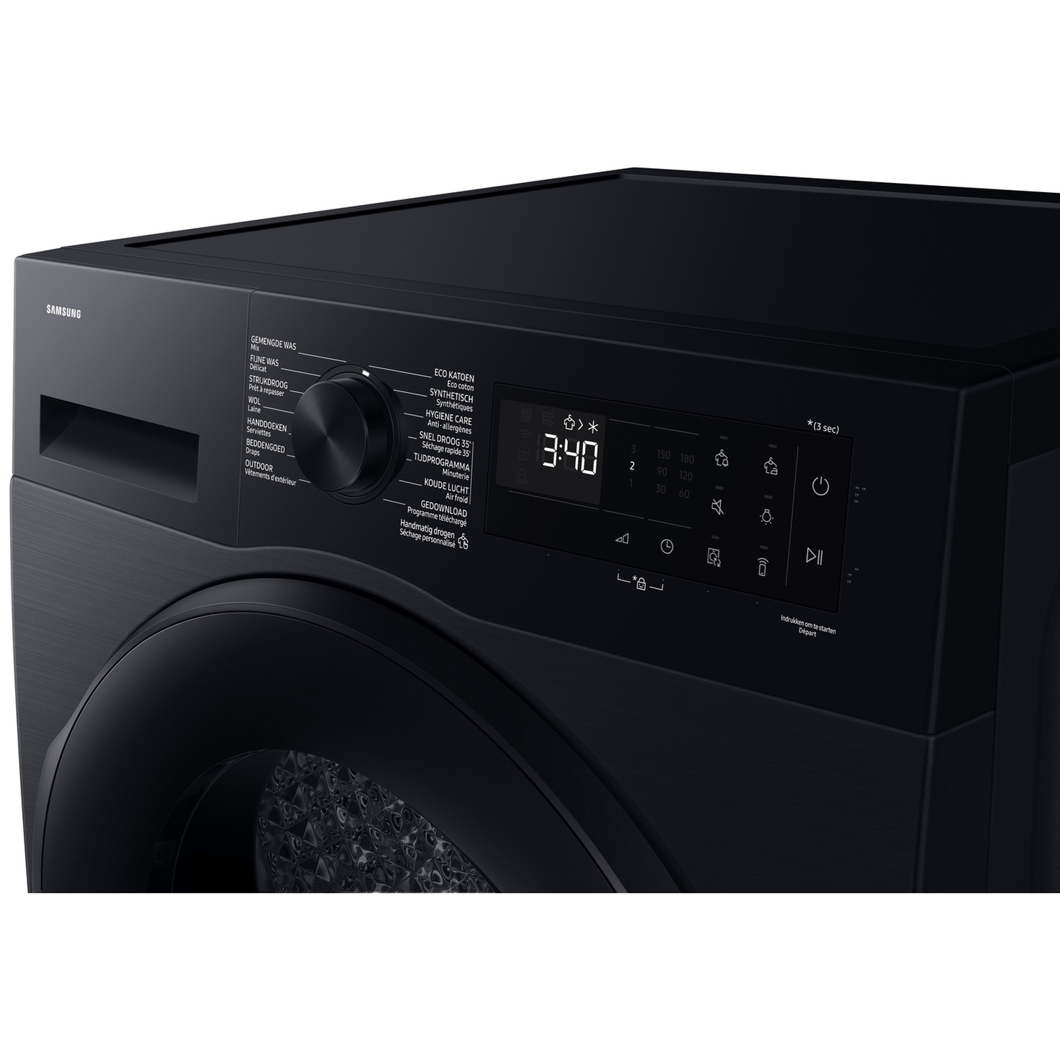 A black Samsung washing machine control panel with a dial, digital display, and touch buttons.